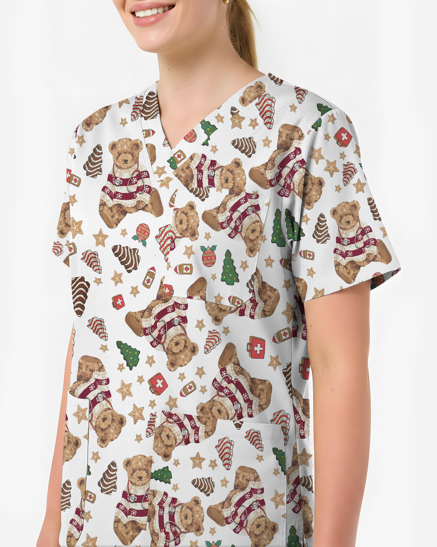 Cute Christmas Teddy Bear Medical Scrub Top