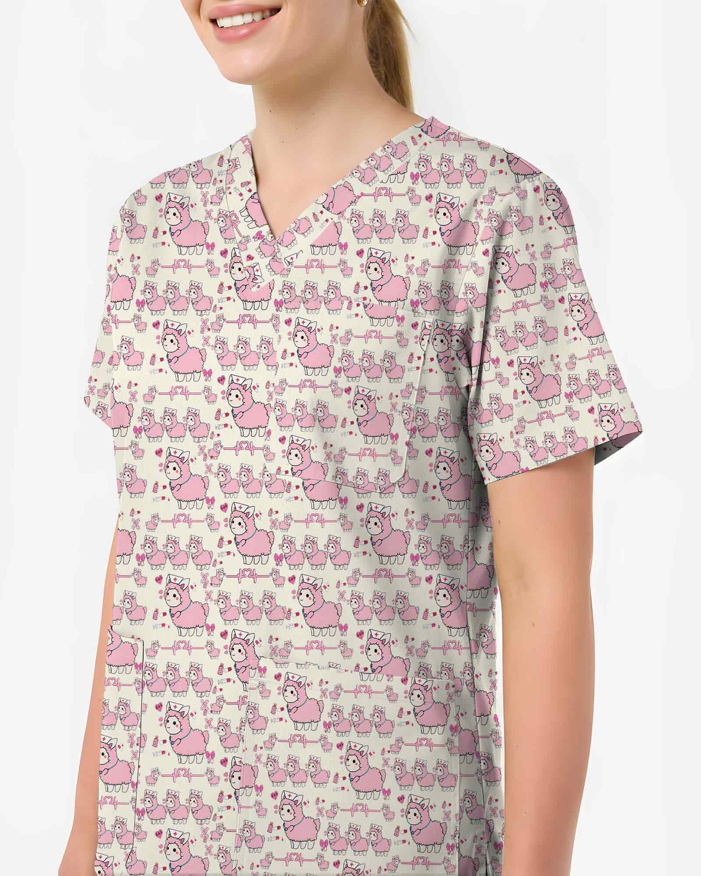 Pink Cute Llama Nurse Medical Scrub Top