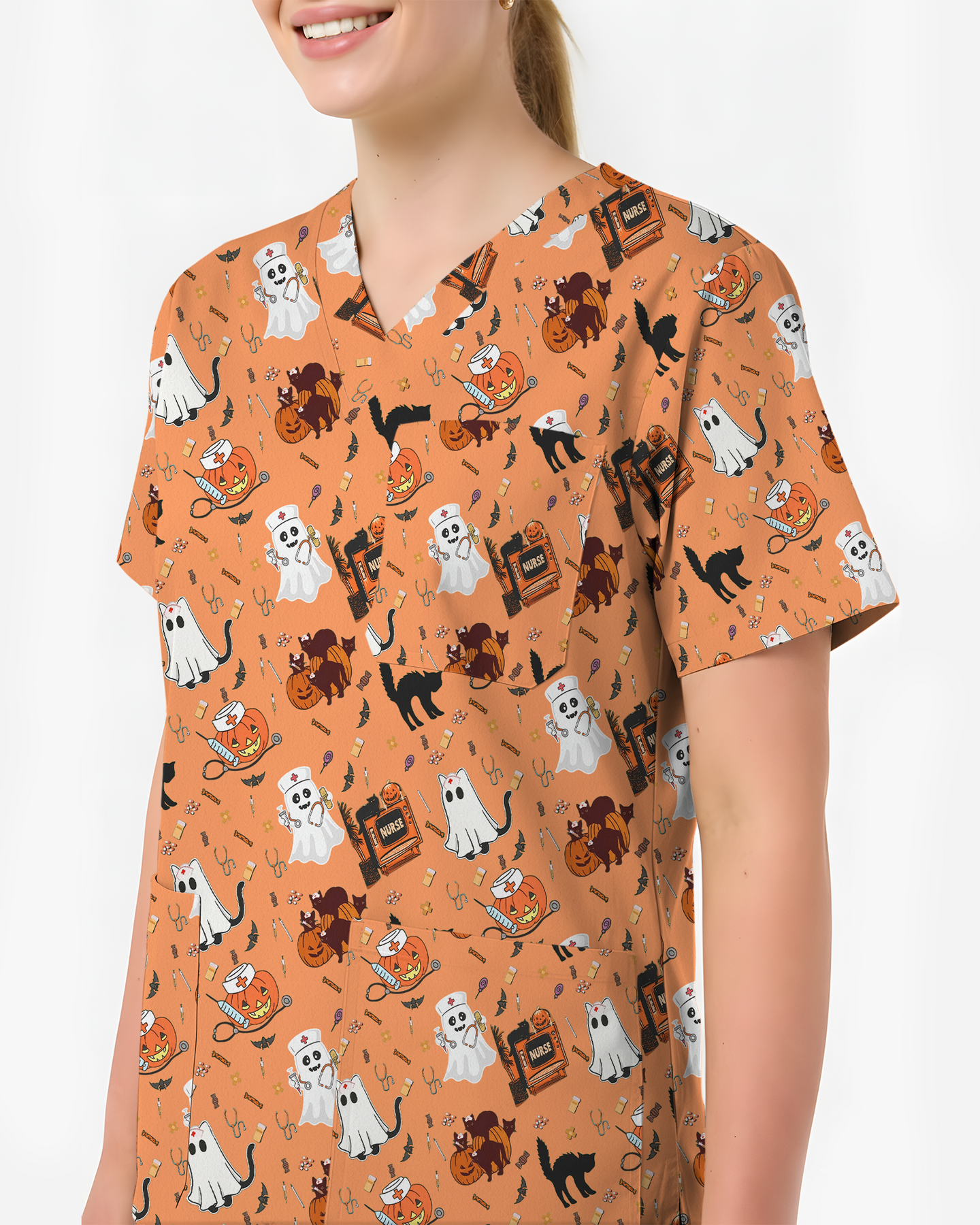 Cute Halloween Ghost Nurse Medical Scrub Top