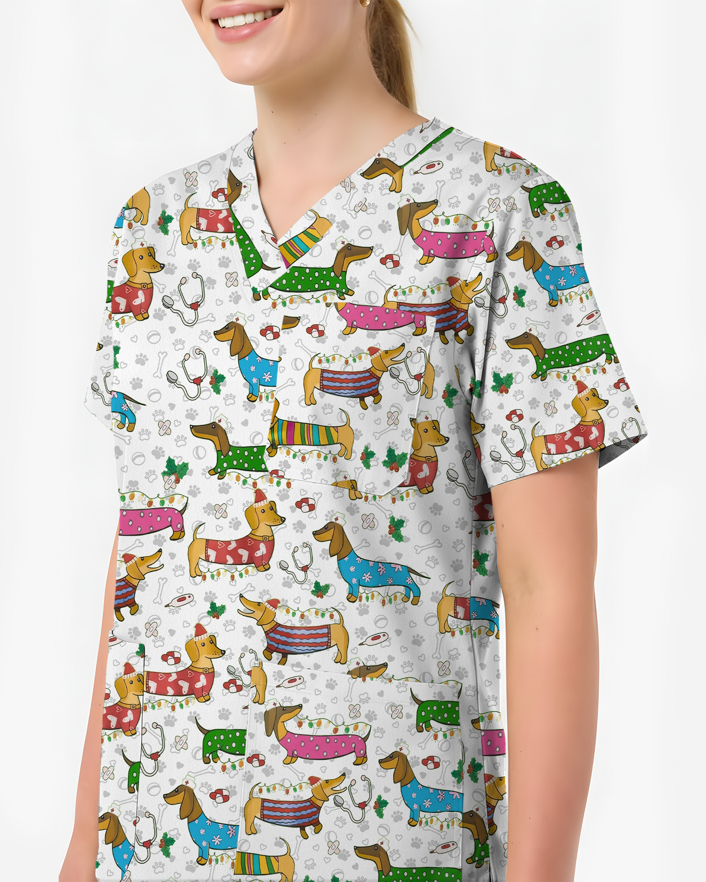 Christmas Dachshund Dog Nursing Scrub Top