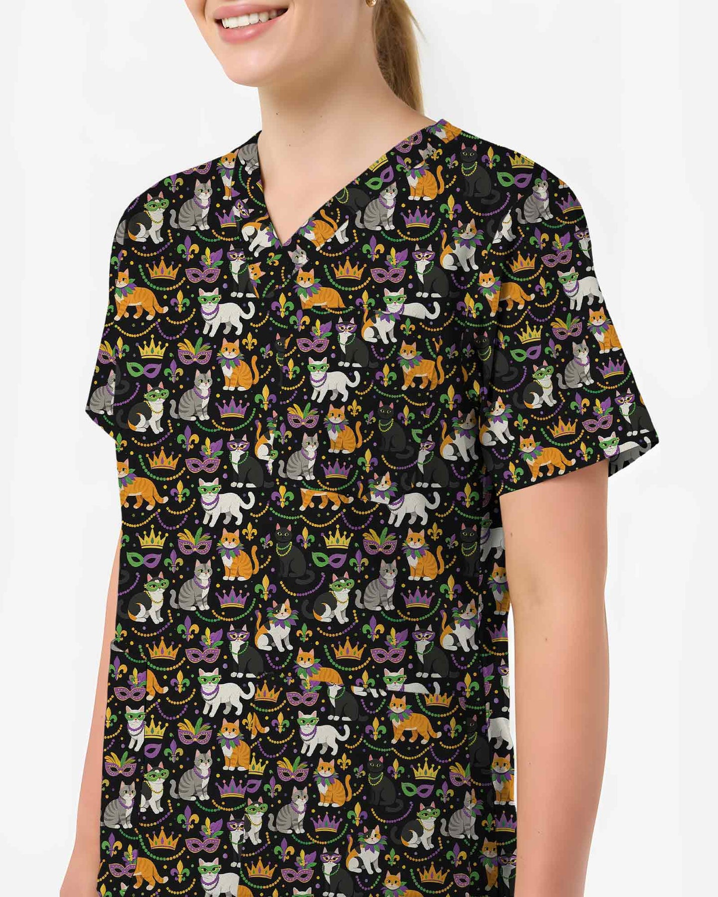 Festive Mardi Gras Cats Medical Scrub Top