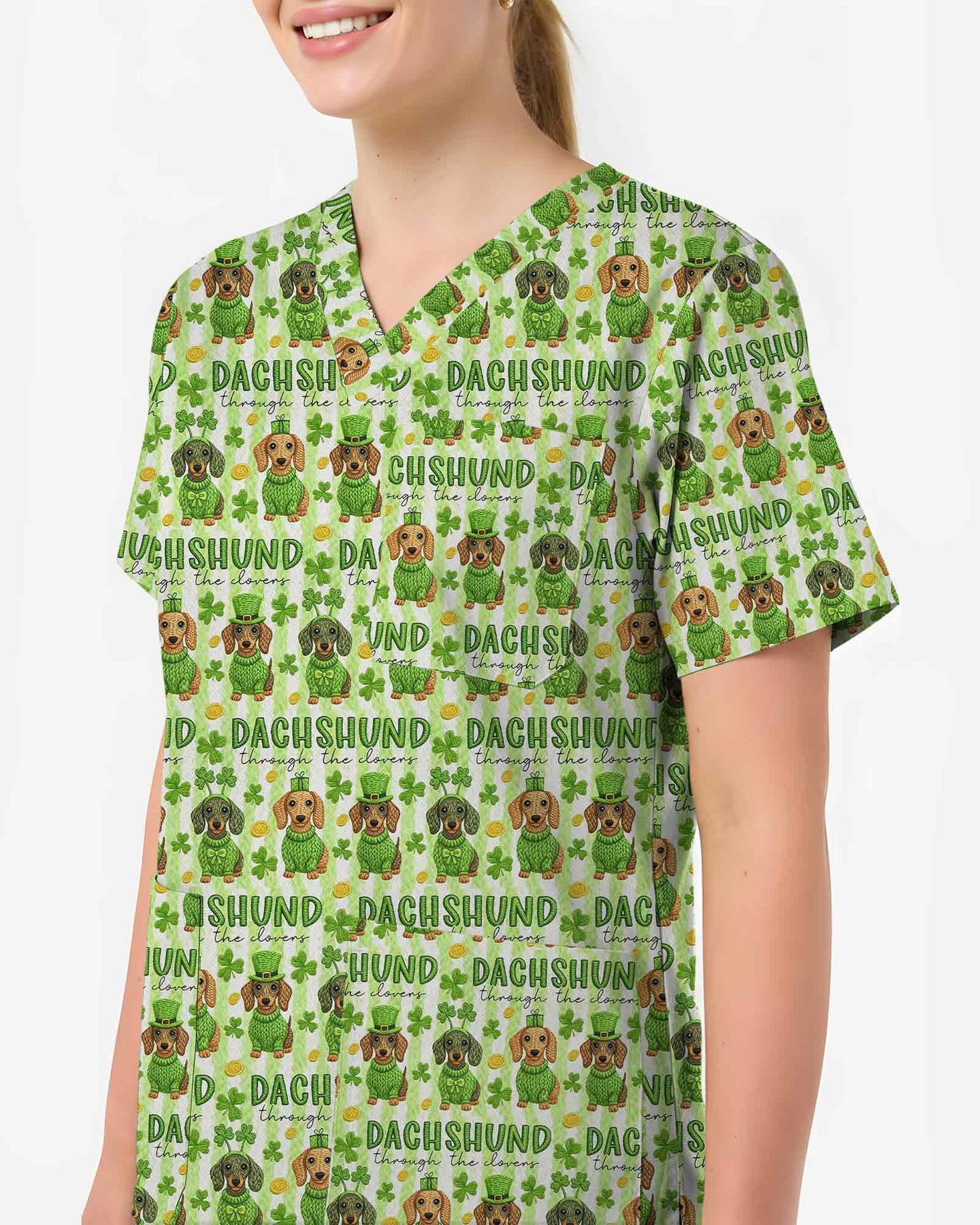 Green Lucky Dachshund  Scrub Top
