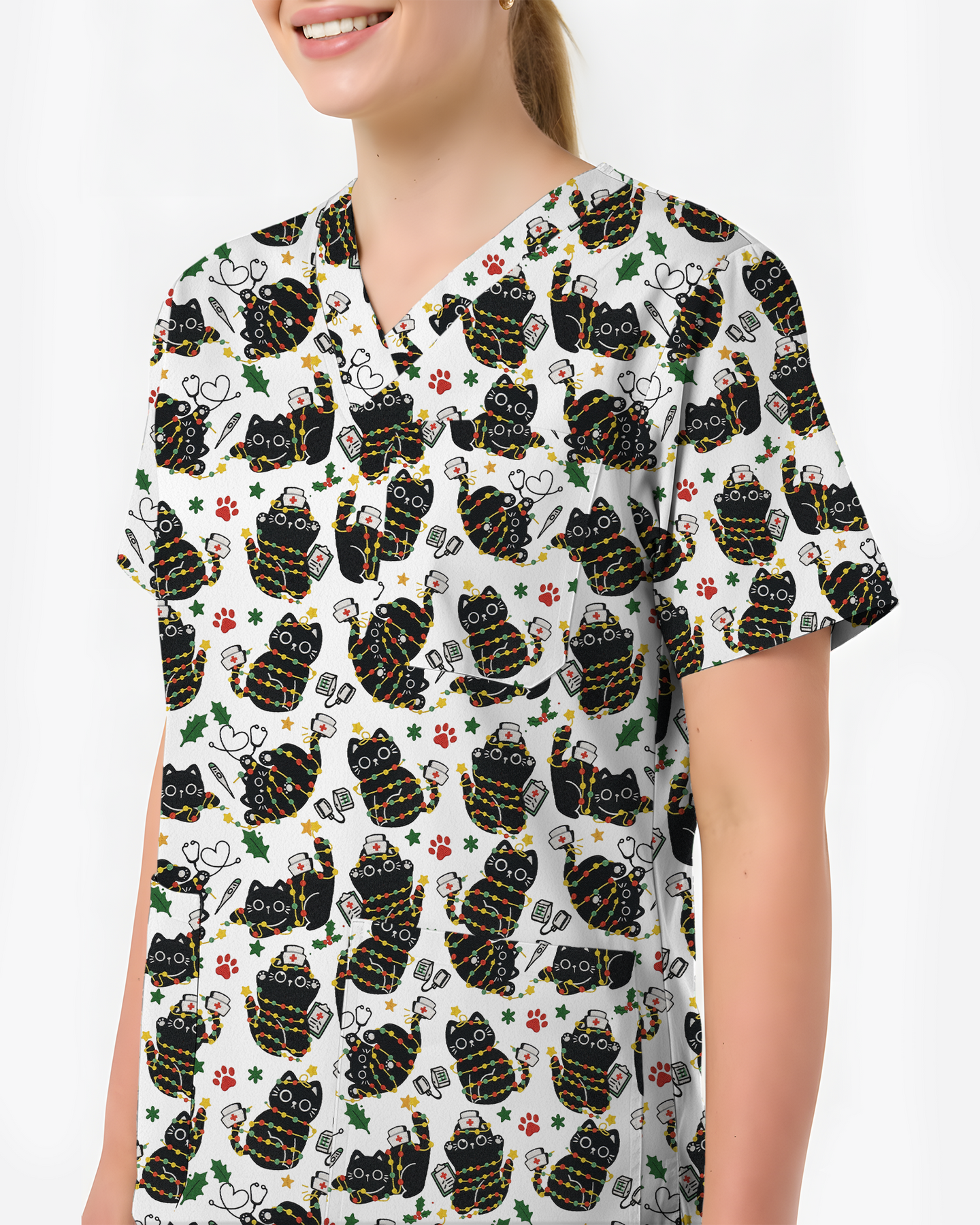 Merry Catmas Christmas Lights Black Cat Scrub Top