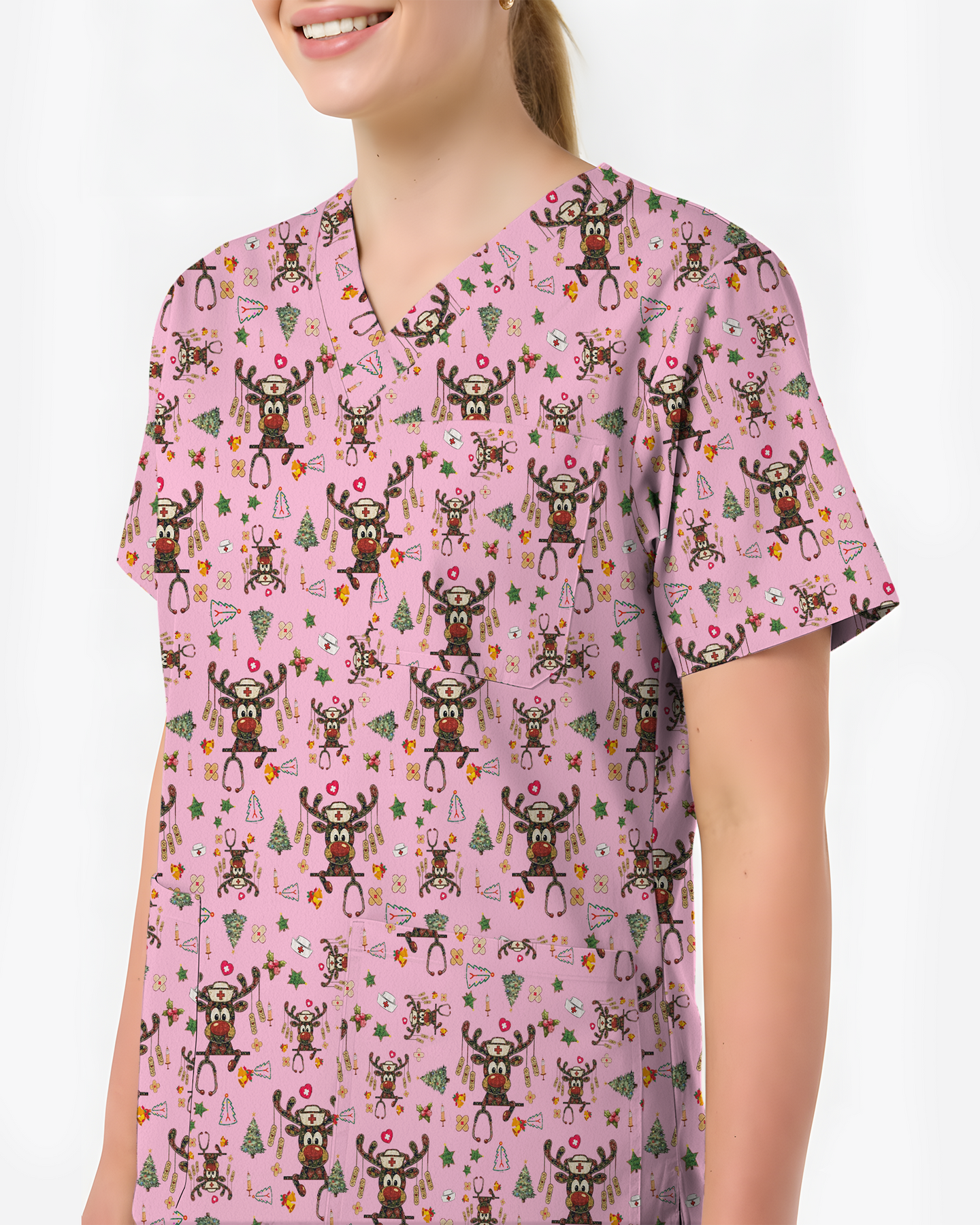 Funny Reindeer Nurse Christmas Scrub Top