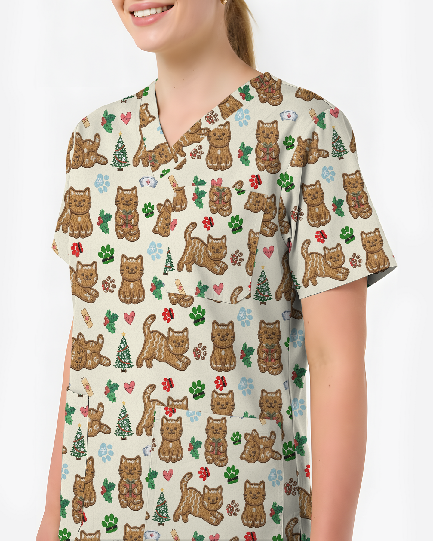 Cute Gingerbread Cat Christmas Medical Nurse Scrub Top