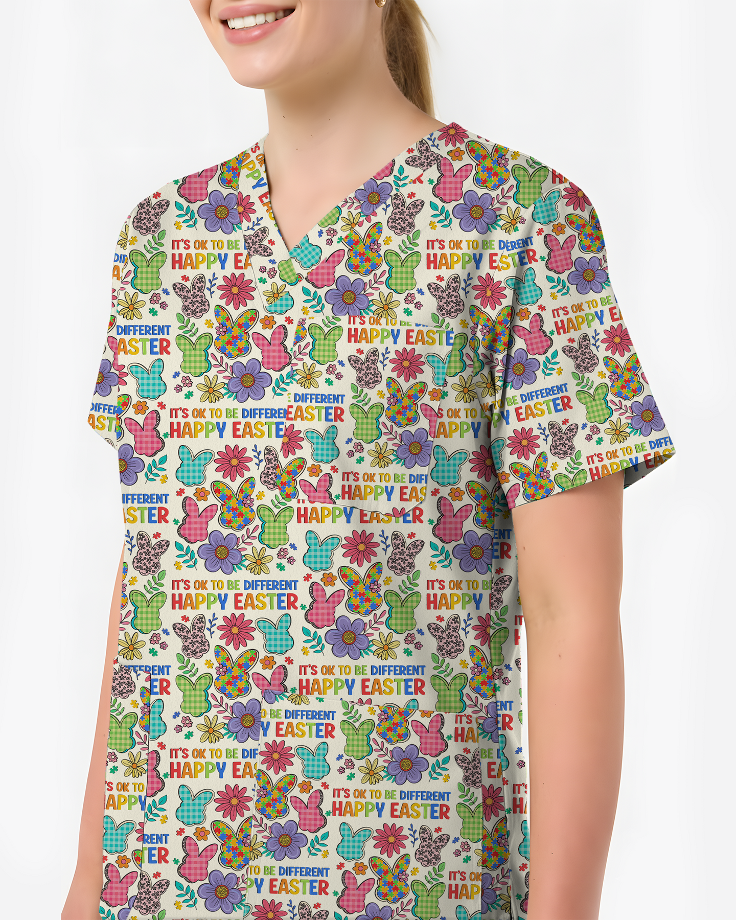 Autism Awareness Easter Bunny Cute Nurse Scrub Top