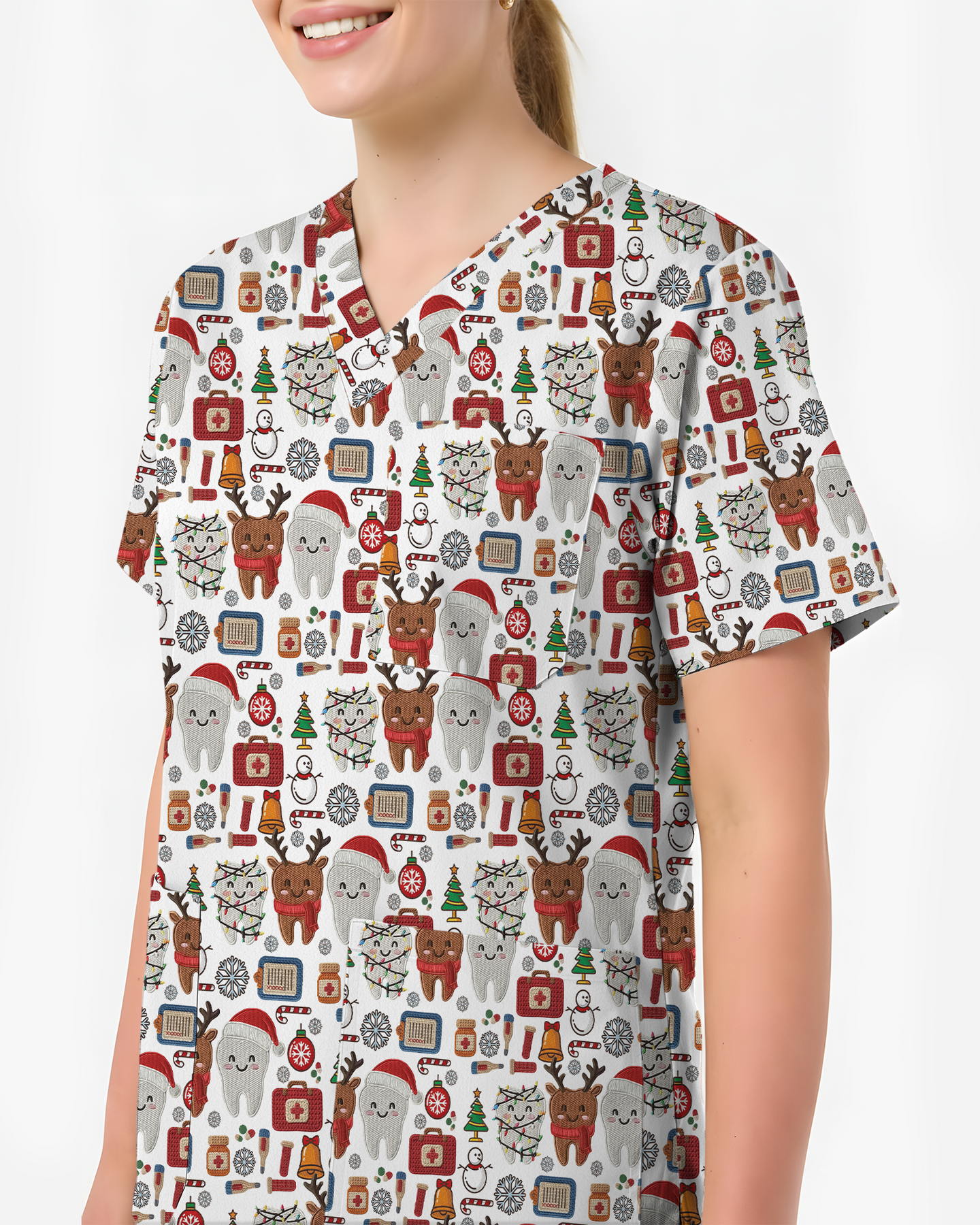 Cute Reindeer and Santa Teeth Holiday Dental Scrub Top