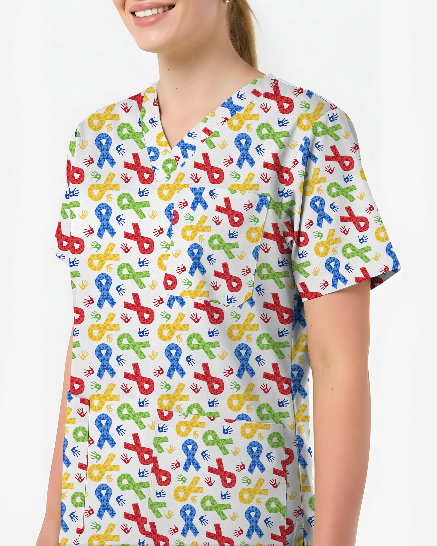 Autism Awareness Ribbon & Handprint Nurse Scrub Top