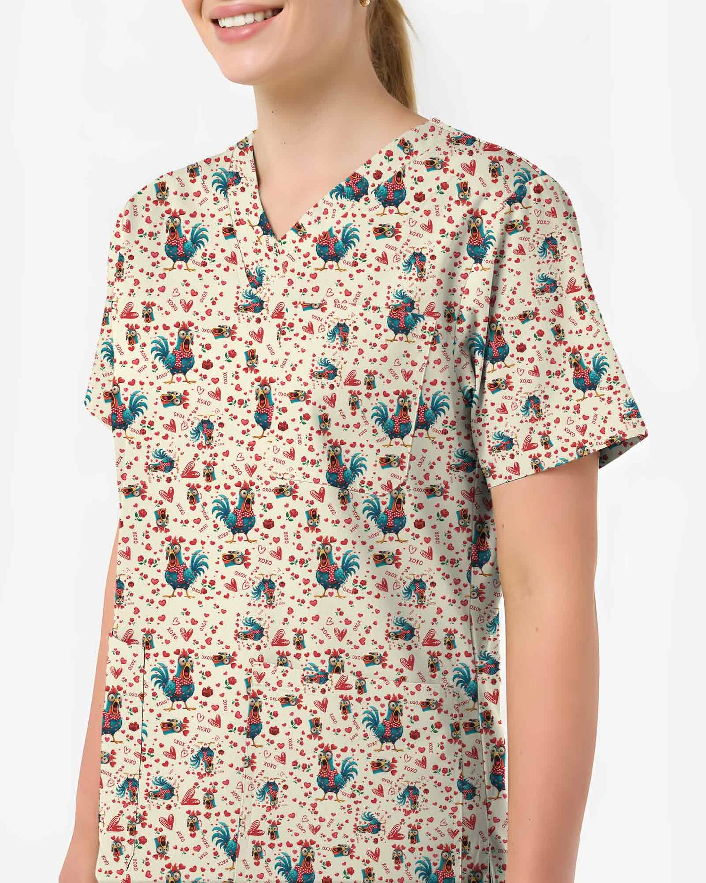 Cute Chicken Rooster Valentine Medical Scrub Top