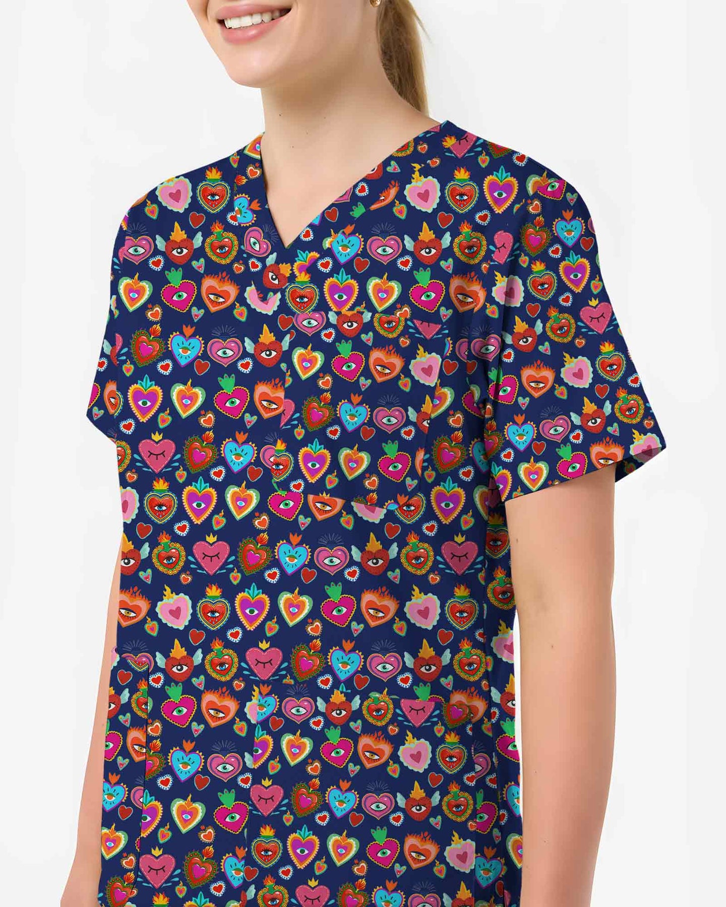 Cute Colorful Heart Print Scrub Top