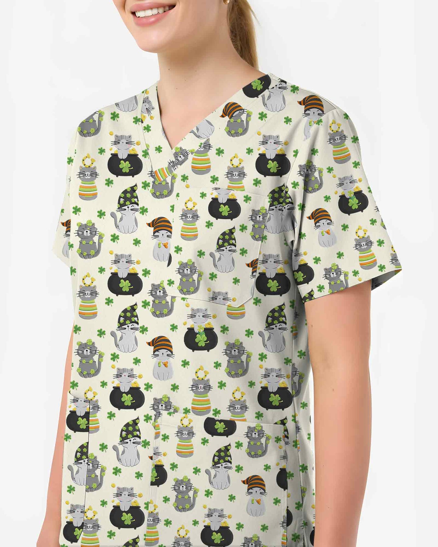 Cream St. Patrick's Day Cat Medical Scrub Top