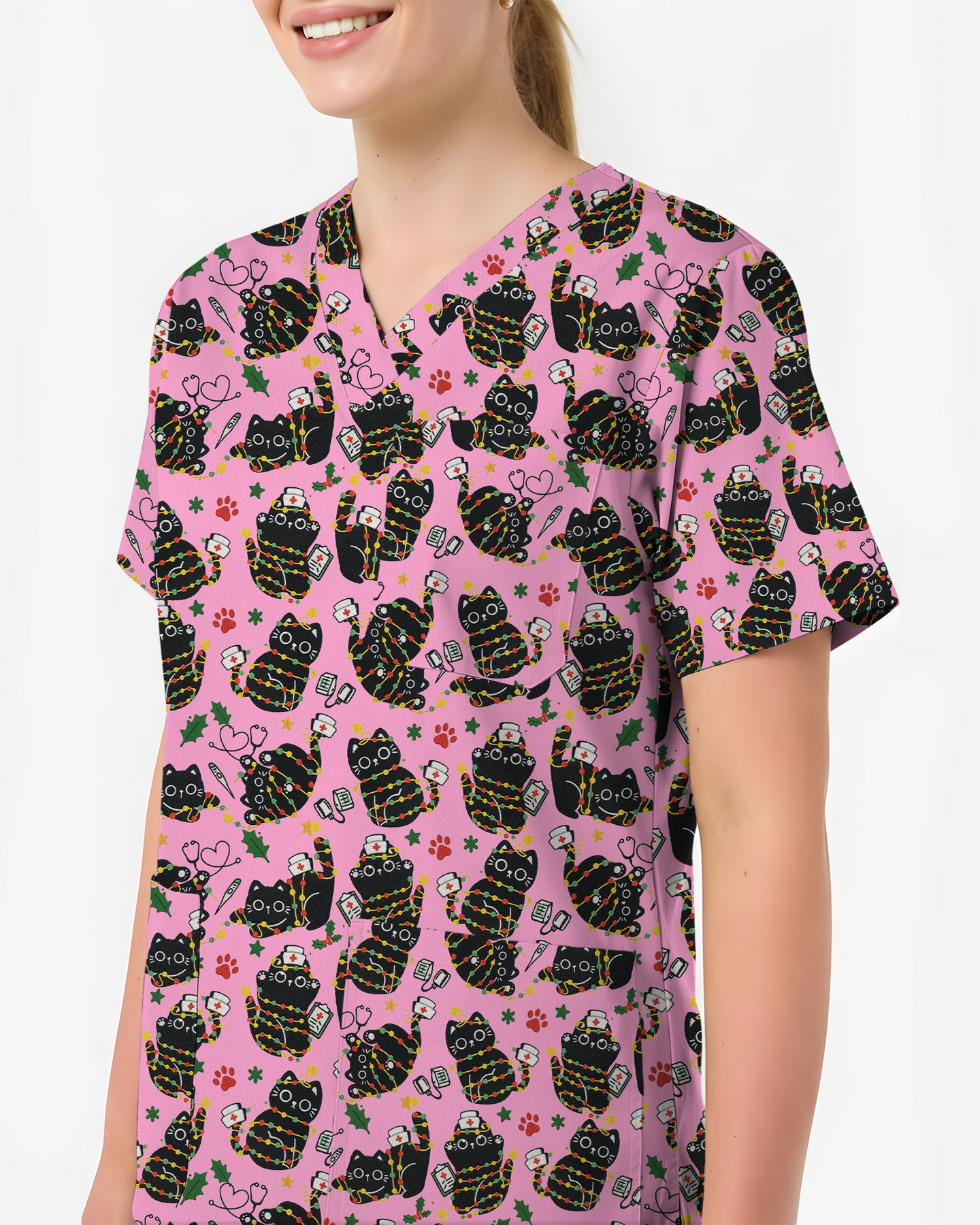 Merry Catmas Christmas Lights Black Cat Scrub Top