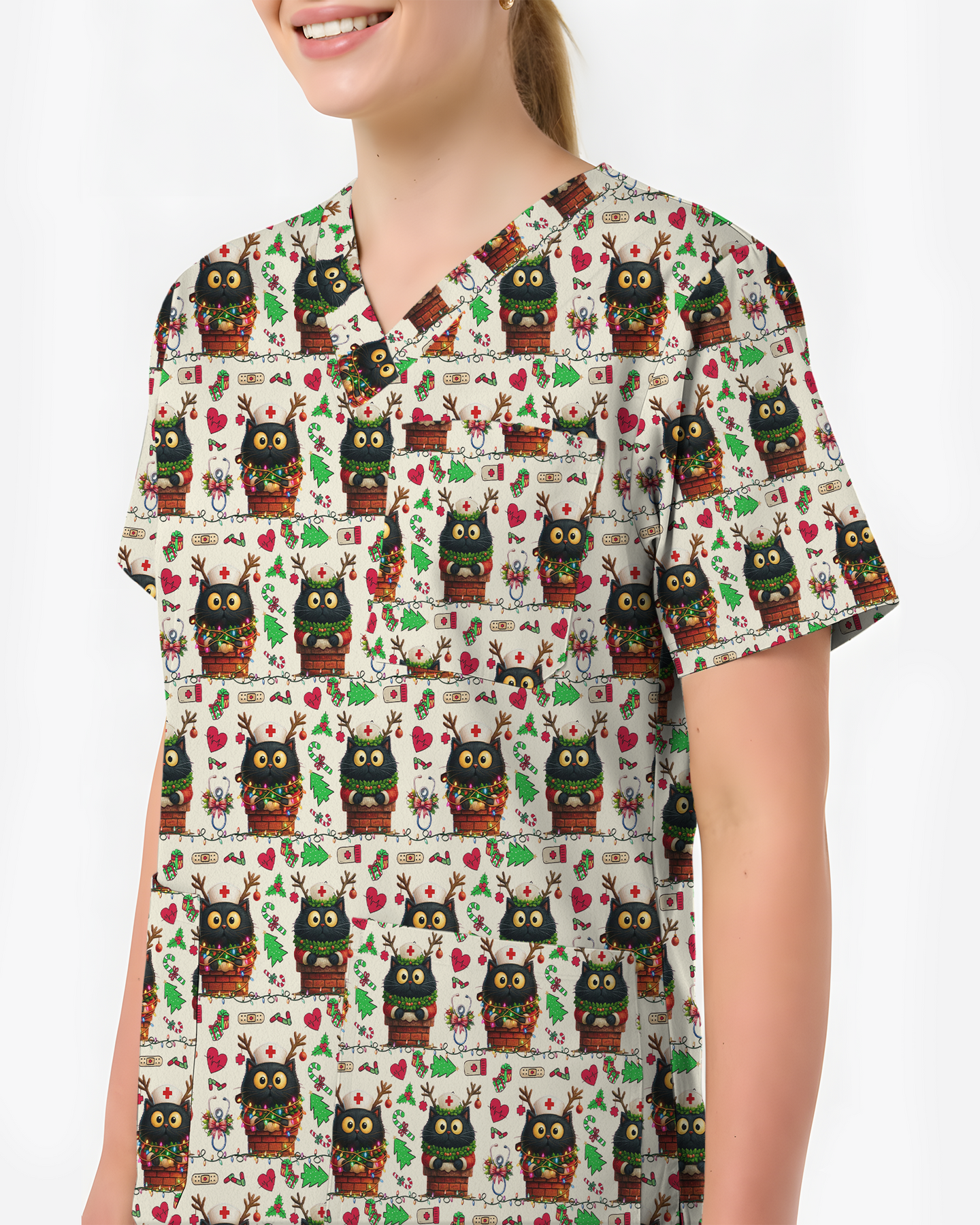 Cute Christmas Black Cat Nursing Scrub Top
