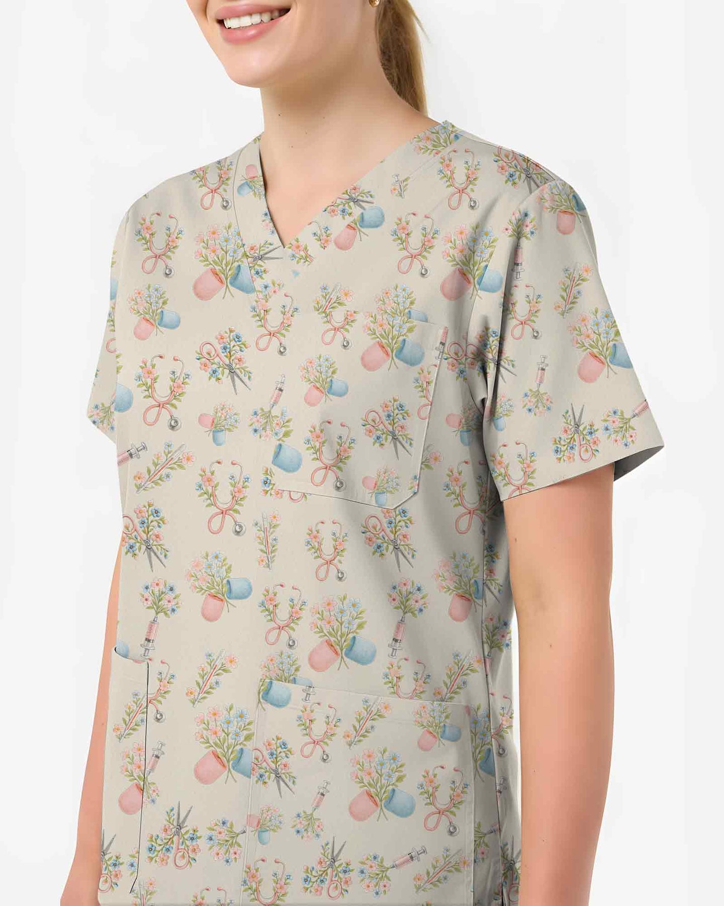 Pastel Floral Medical Stethoscope Scrub Top