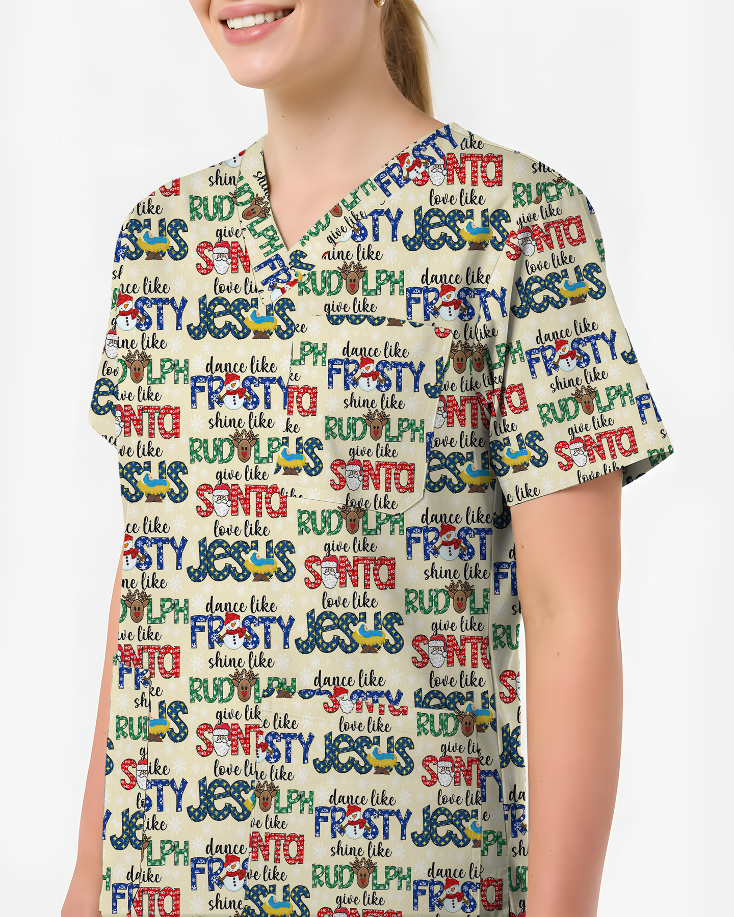 Festive Santa Rudolph Frosty Scrub Top