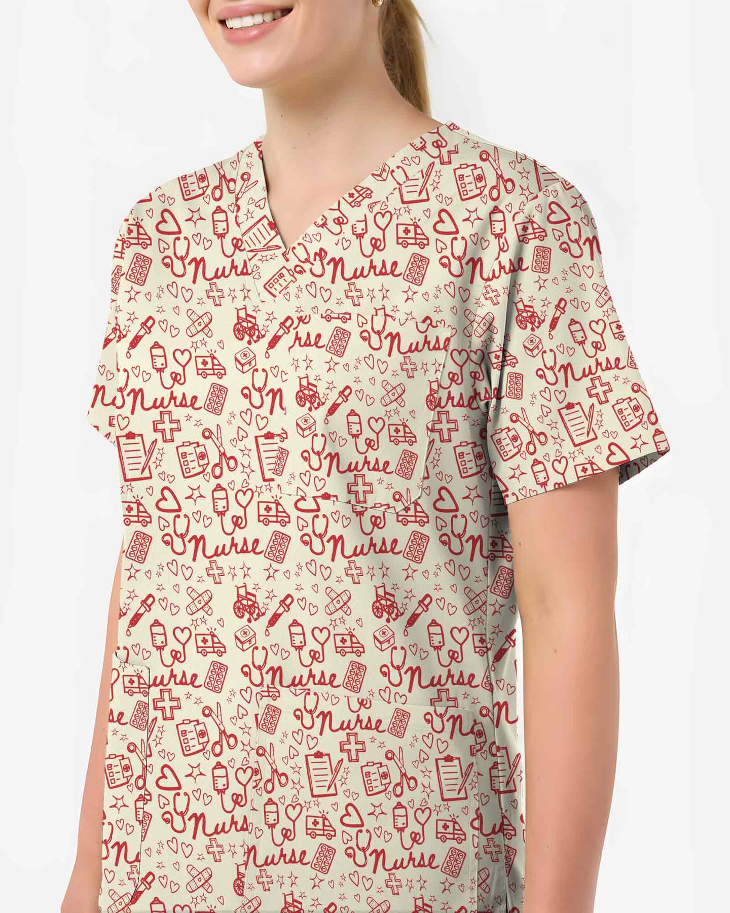 Lovely Red Nurse Doodle Art Scrub Top