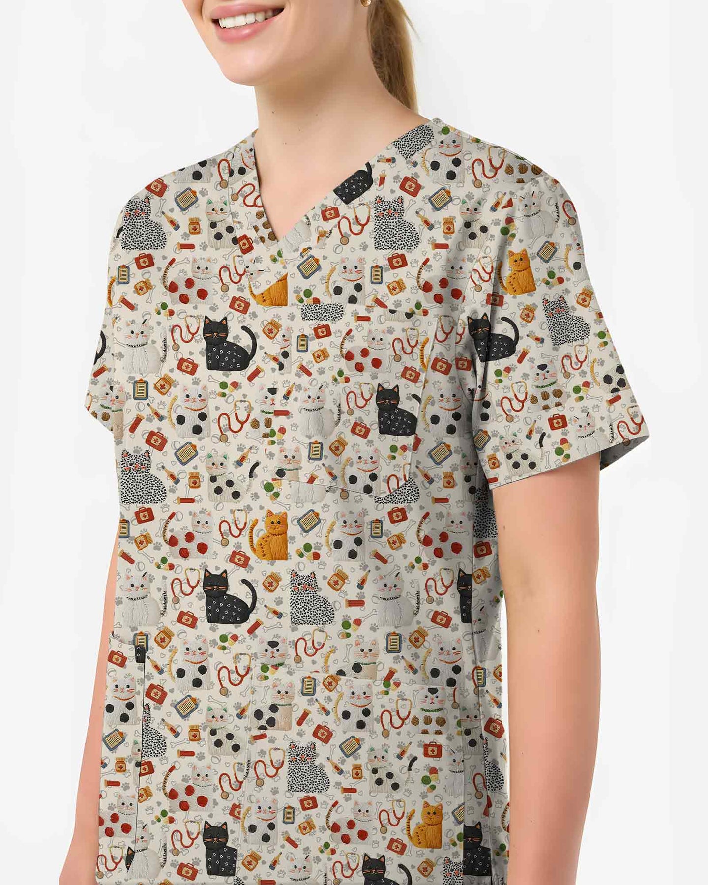 Cute Cartoon Cat Veterinary Medical Scrub Top