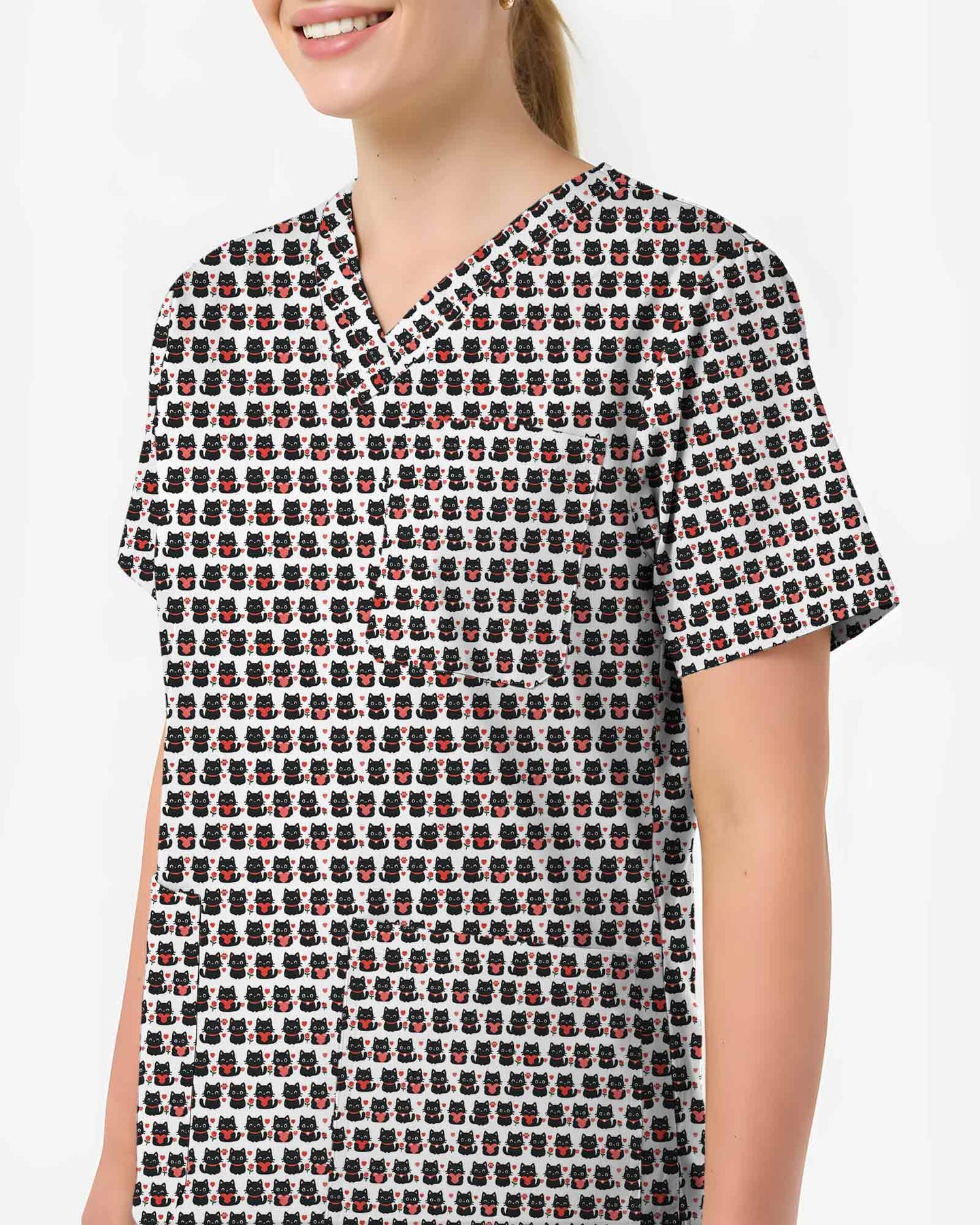 Cute Black Cat Heart Scrub Top