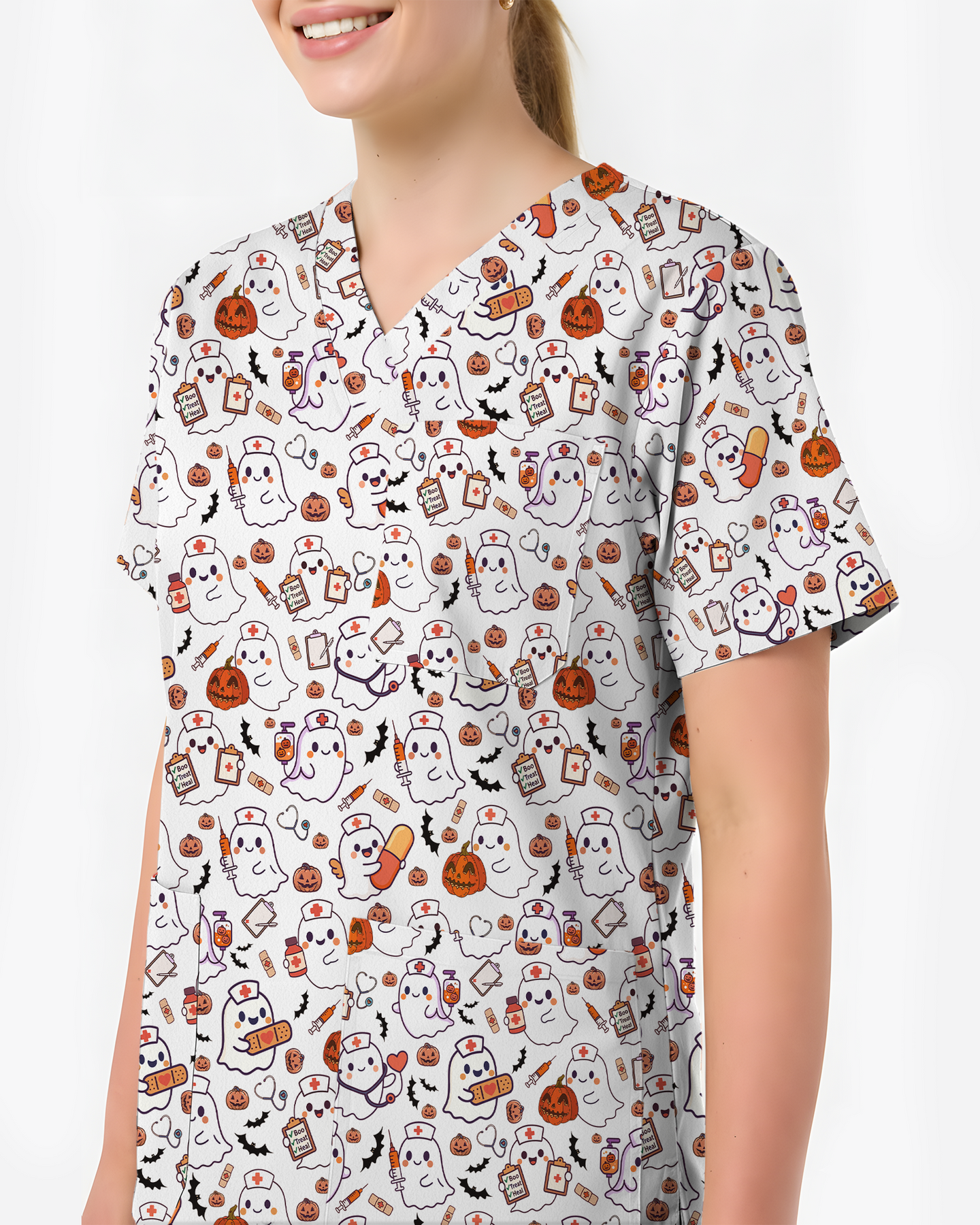 Spooky Cute Ghost Nurse Halloween Scrub Top