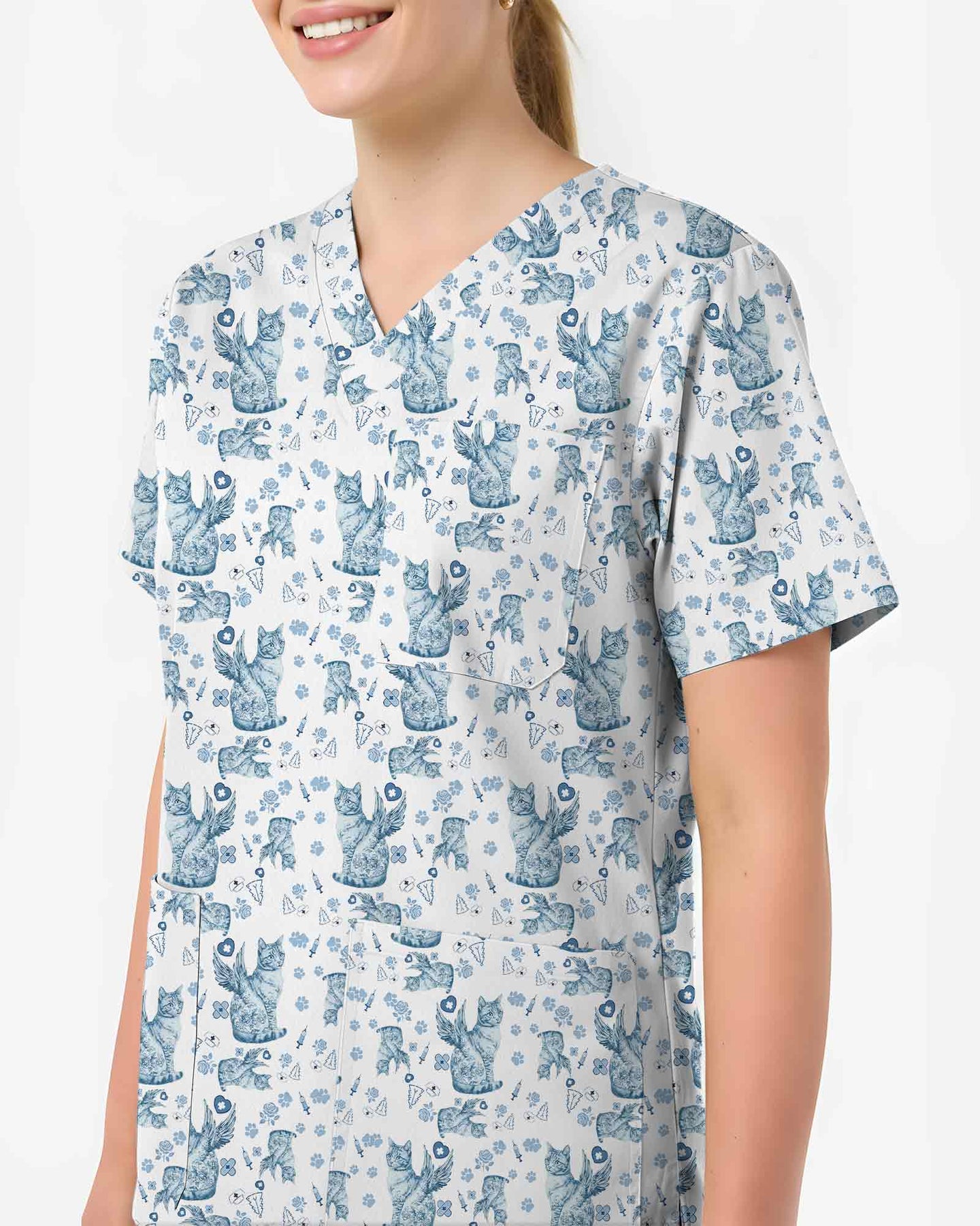 Blue Toile De Jouy Angel Cat Scrub Top