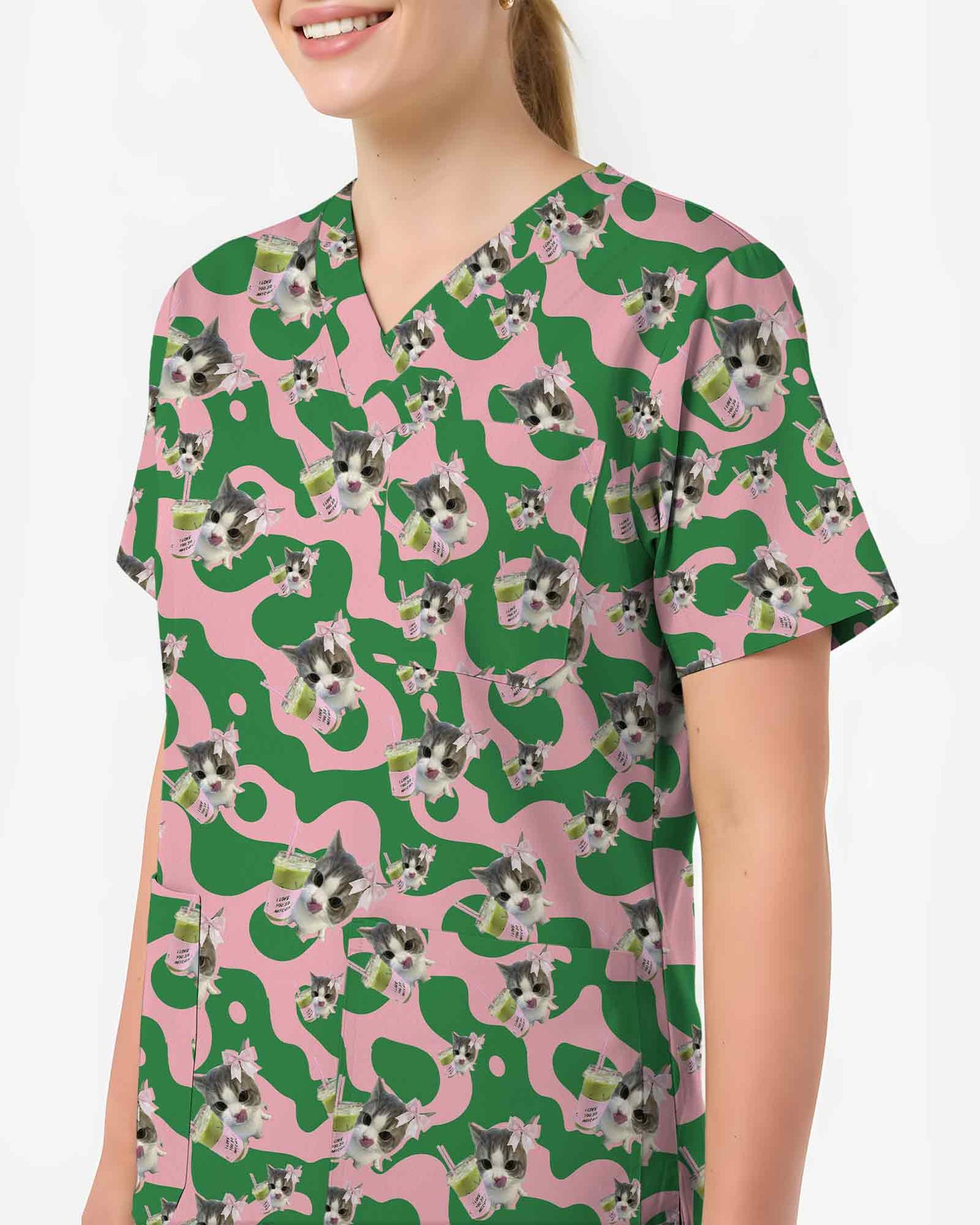 Cute Matcha Green Tea Cat Scrub Top