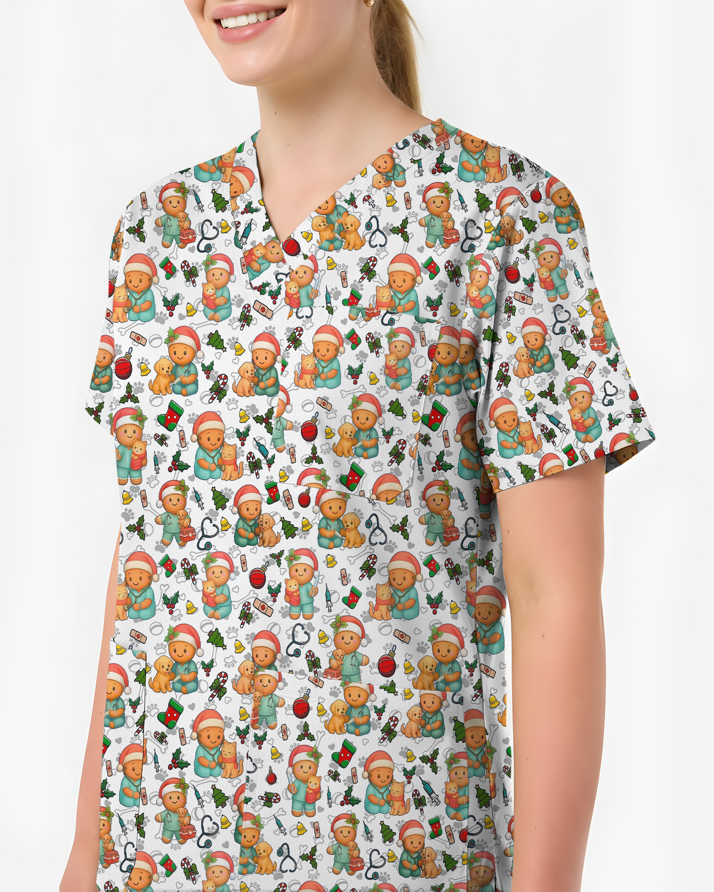 Cute Christmas Vet Tech Nursing Scrub Top