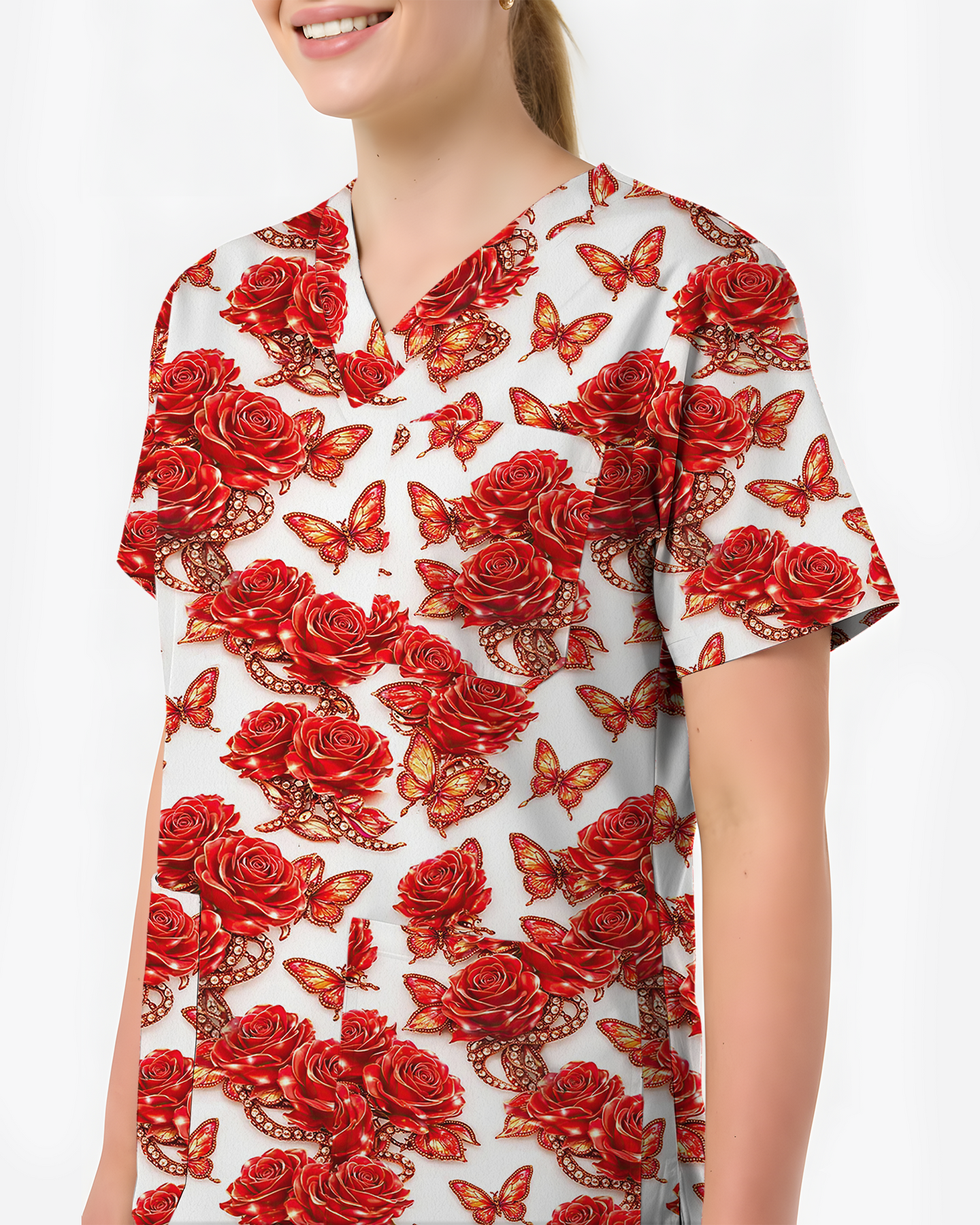 Red Rose Jewelry & Butterfly Nurse Scrub Top