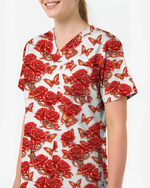 Red Rose Jewelry & Butterfly Nurse Scrub Top