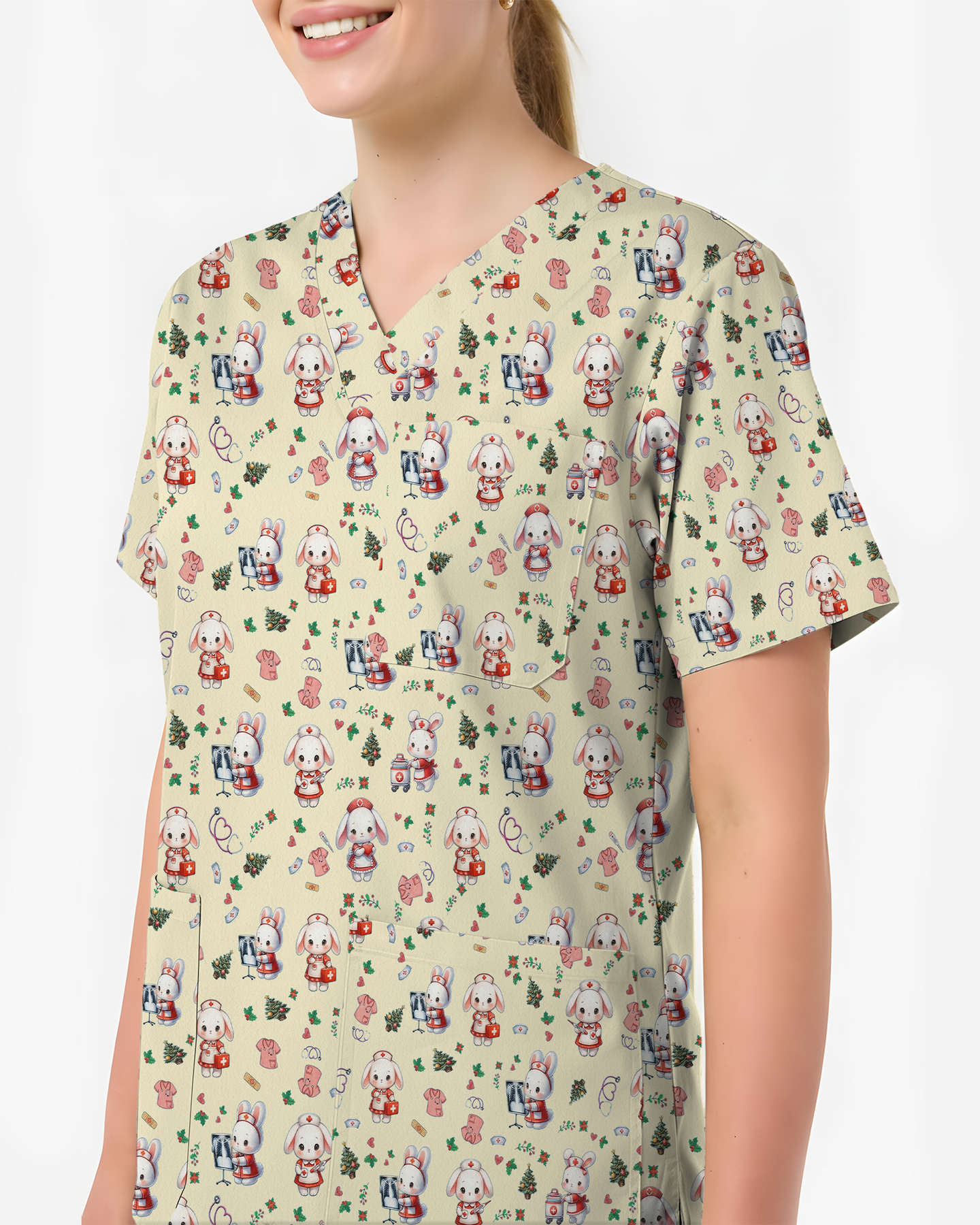 Cute Christmas Bunny Medical Scrub Top