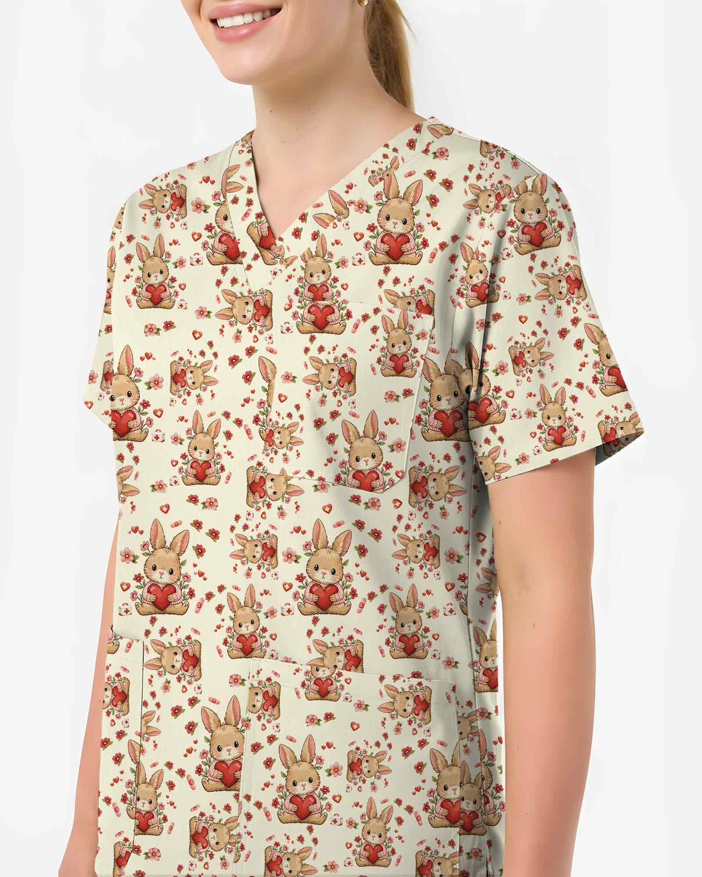 Lovely Bunny Rabbit Heart Medical Scrub Top