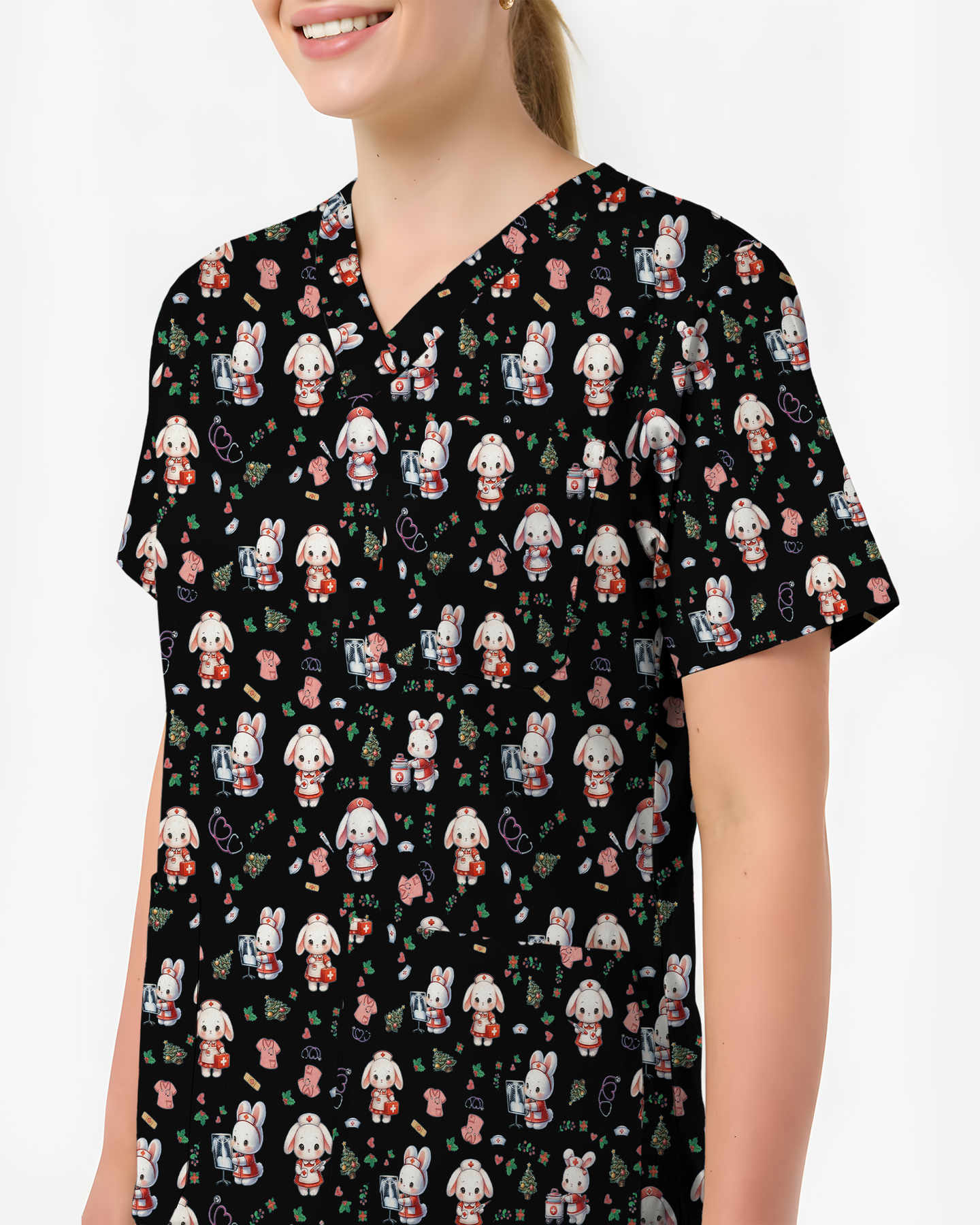 Cute Christmas Bunny Medical Scrub Top