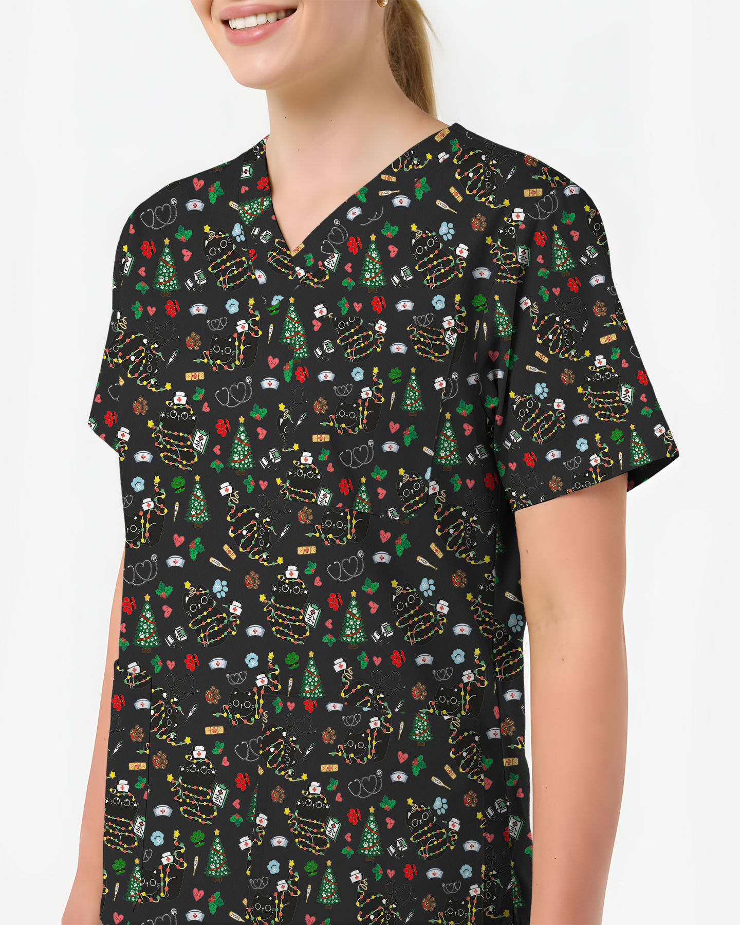 Cute Black Cat Christmas Medical Scrub Top