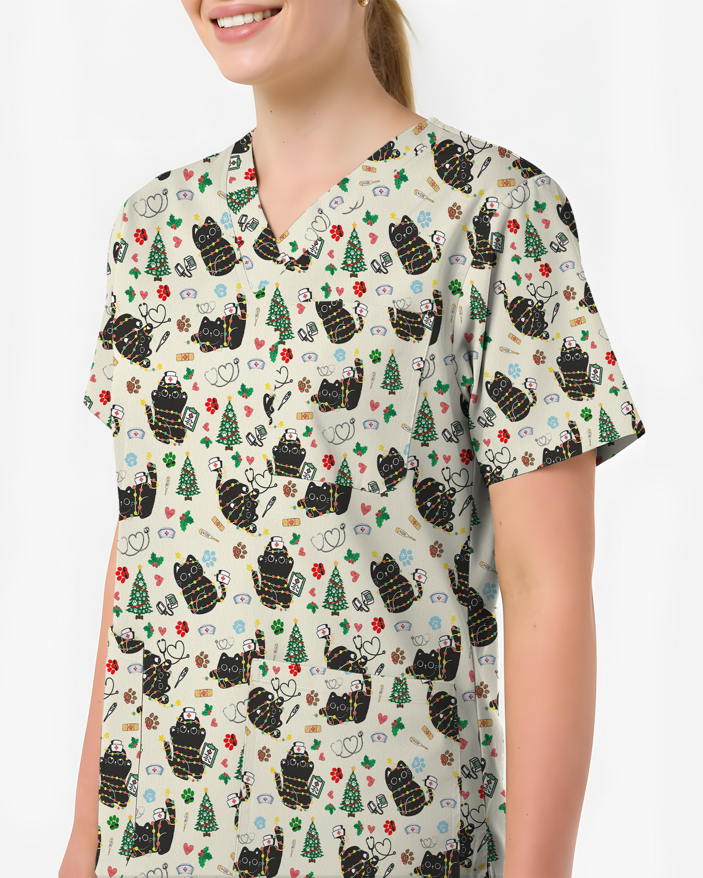 Cute Black Cat Christmas Medical Scrub Top