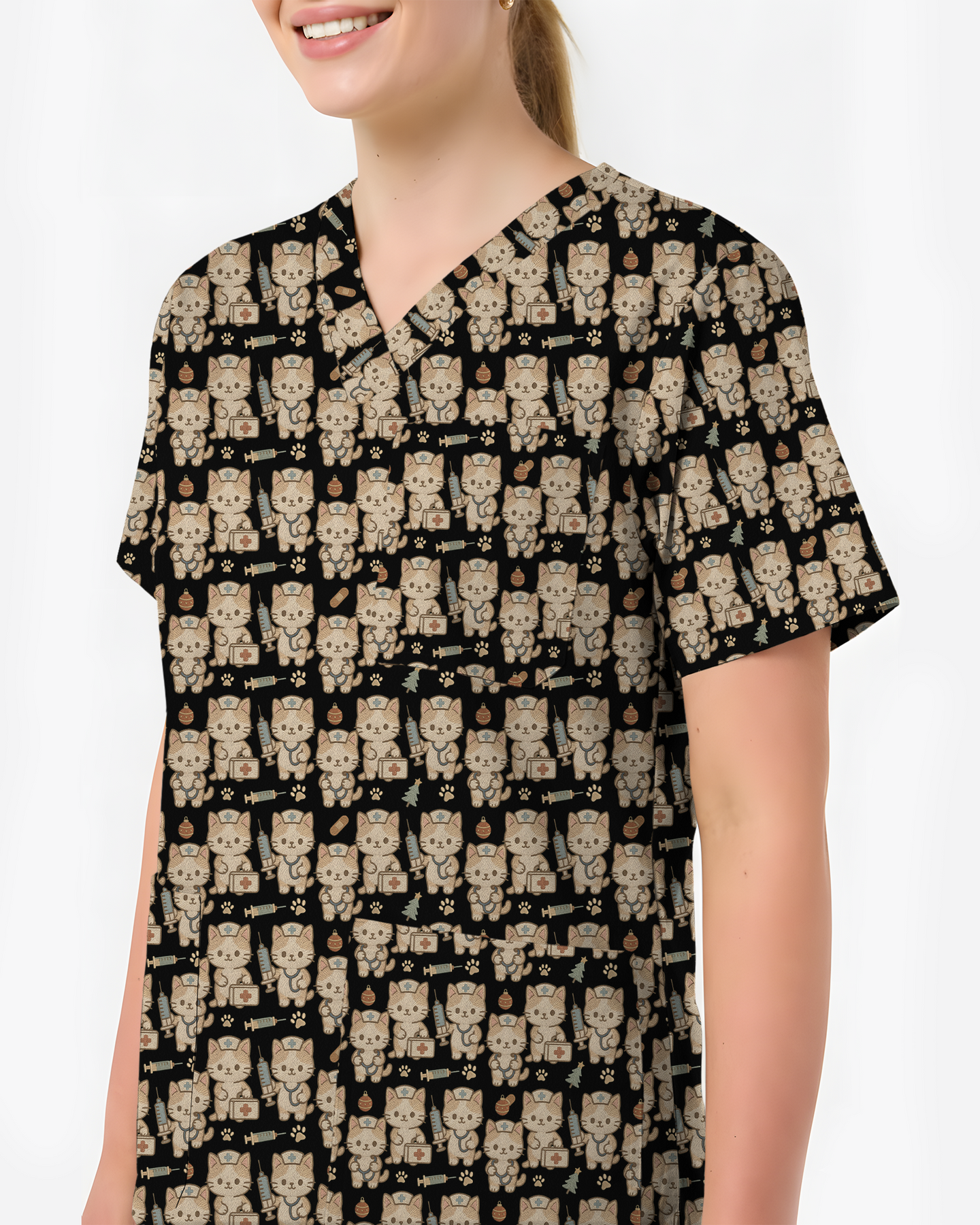 Cute Chibi Cat Christmas Medical Nurse Scrub Top