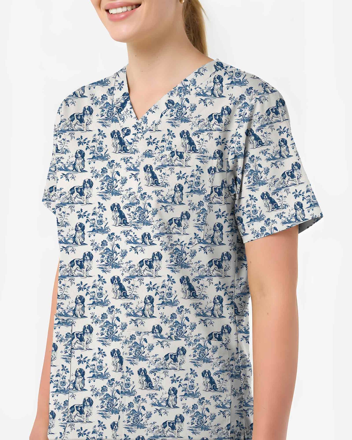 Blue Toile Cavalier King Charles Spaniel Scrub Top