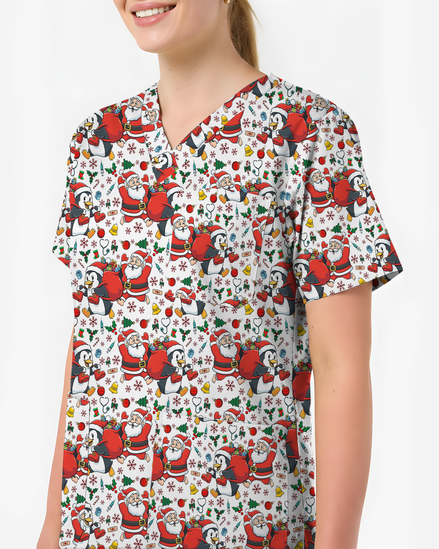 Santa Penguin Christmas Nursing Scrub Top