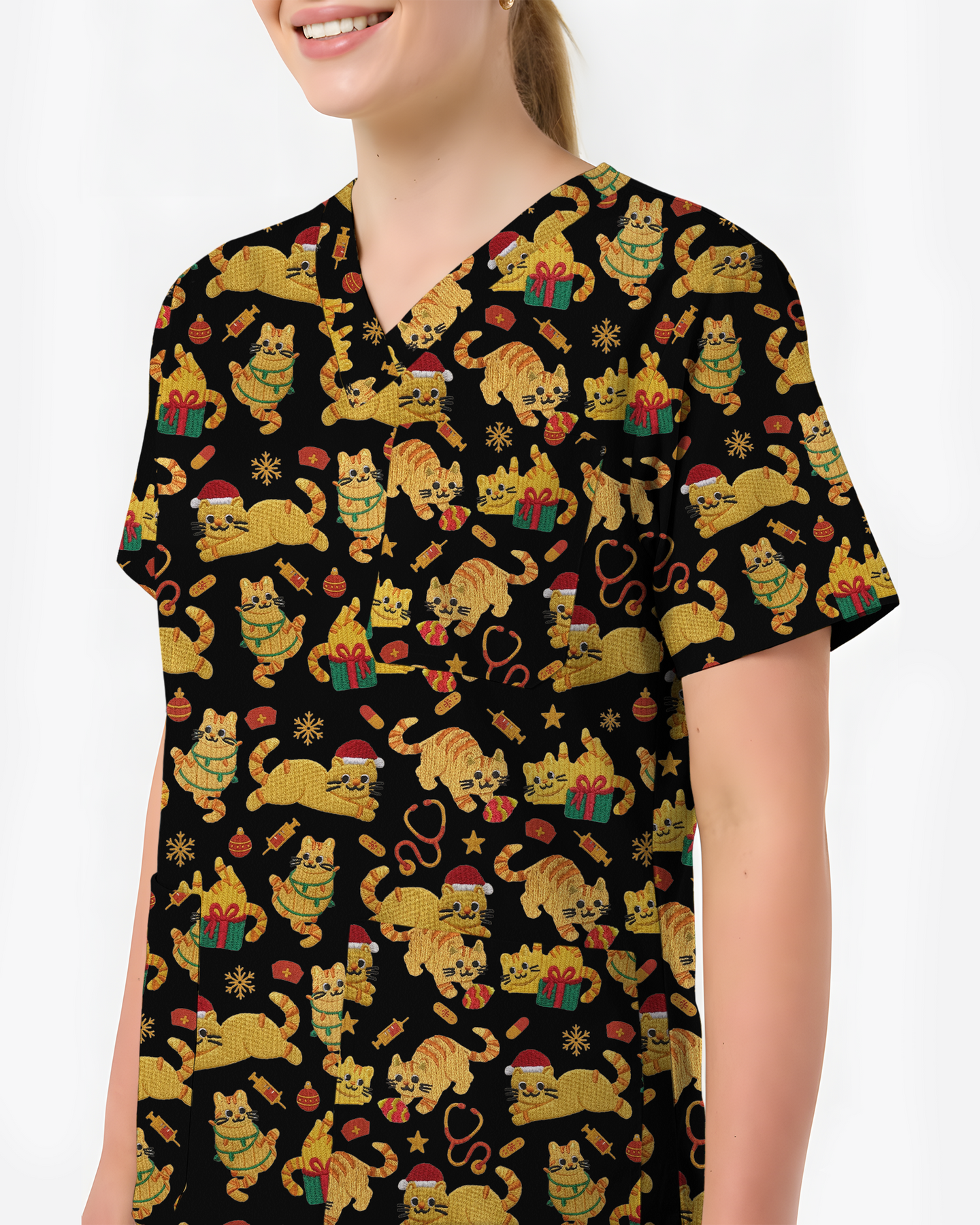 Cute Orange Cat Christmas Medical Nurse Scrub Top