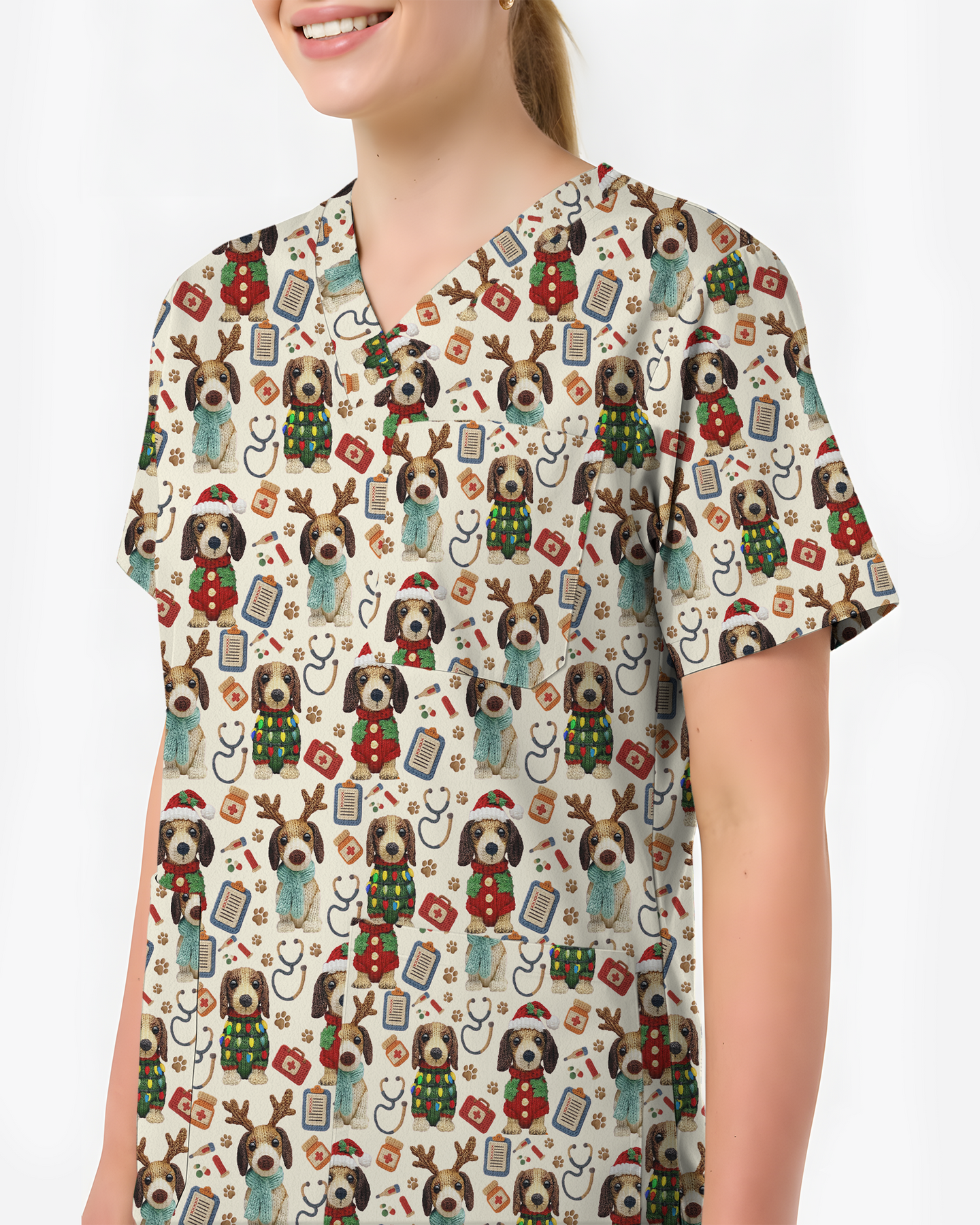 Knit Puppy Love Christmas Holiday Nursing Scrub Top