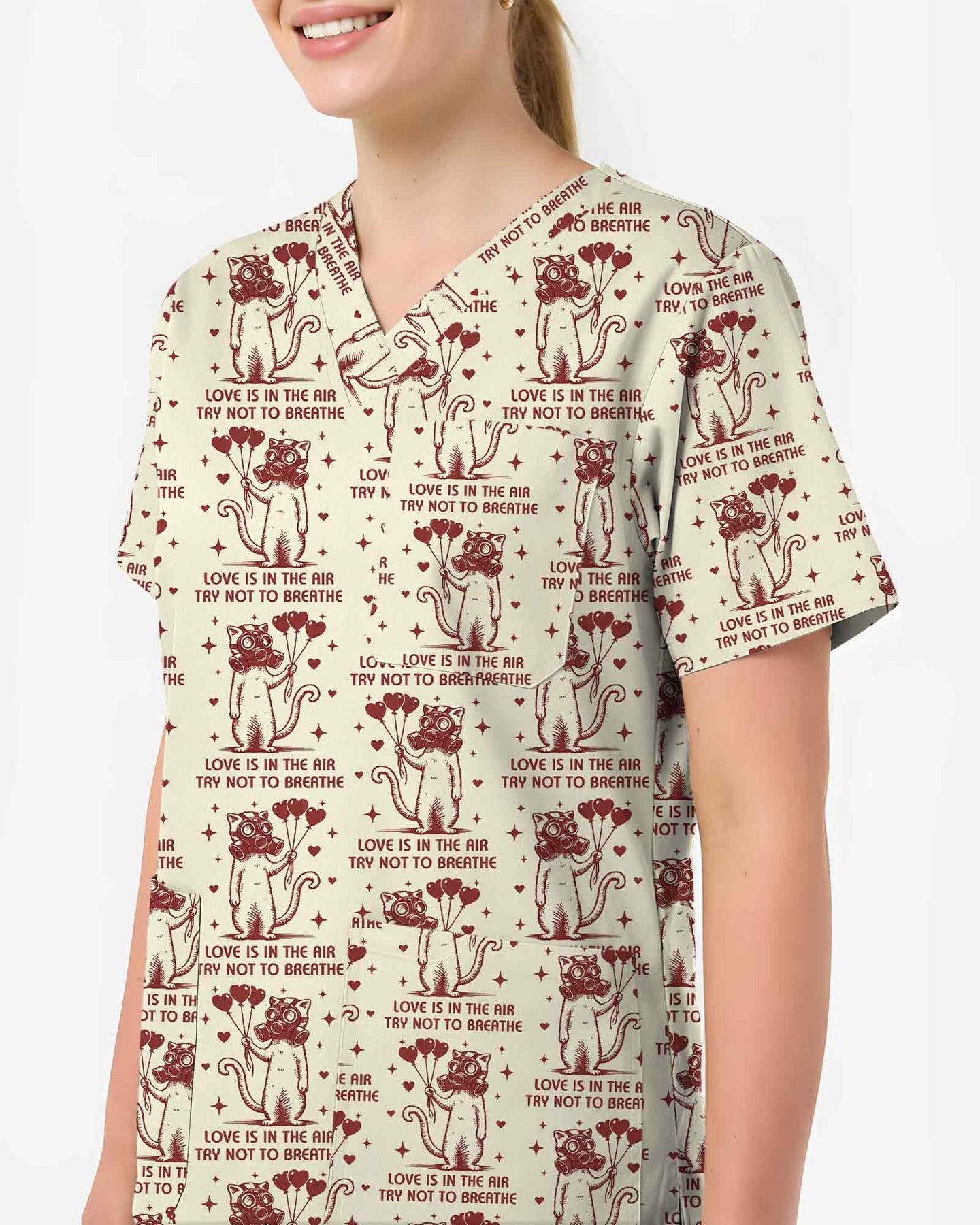 Funny Gas Mask Cat Valentine Scrub Top