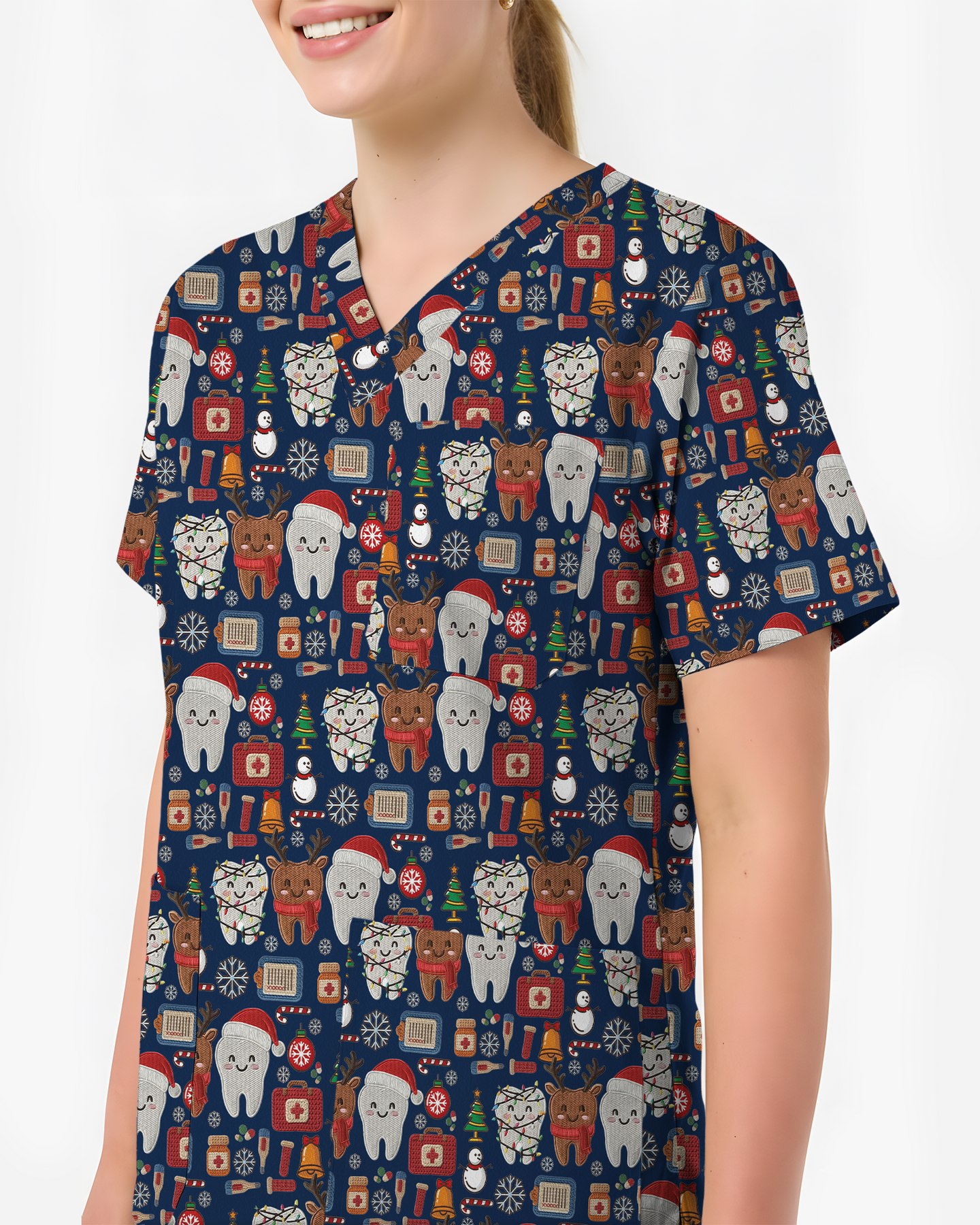 Cute Reindeer and Santa Teeth Holiday Dental Scrub Top