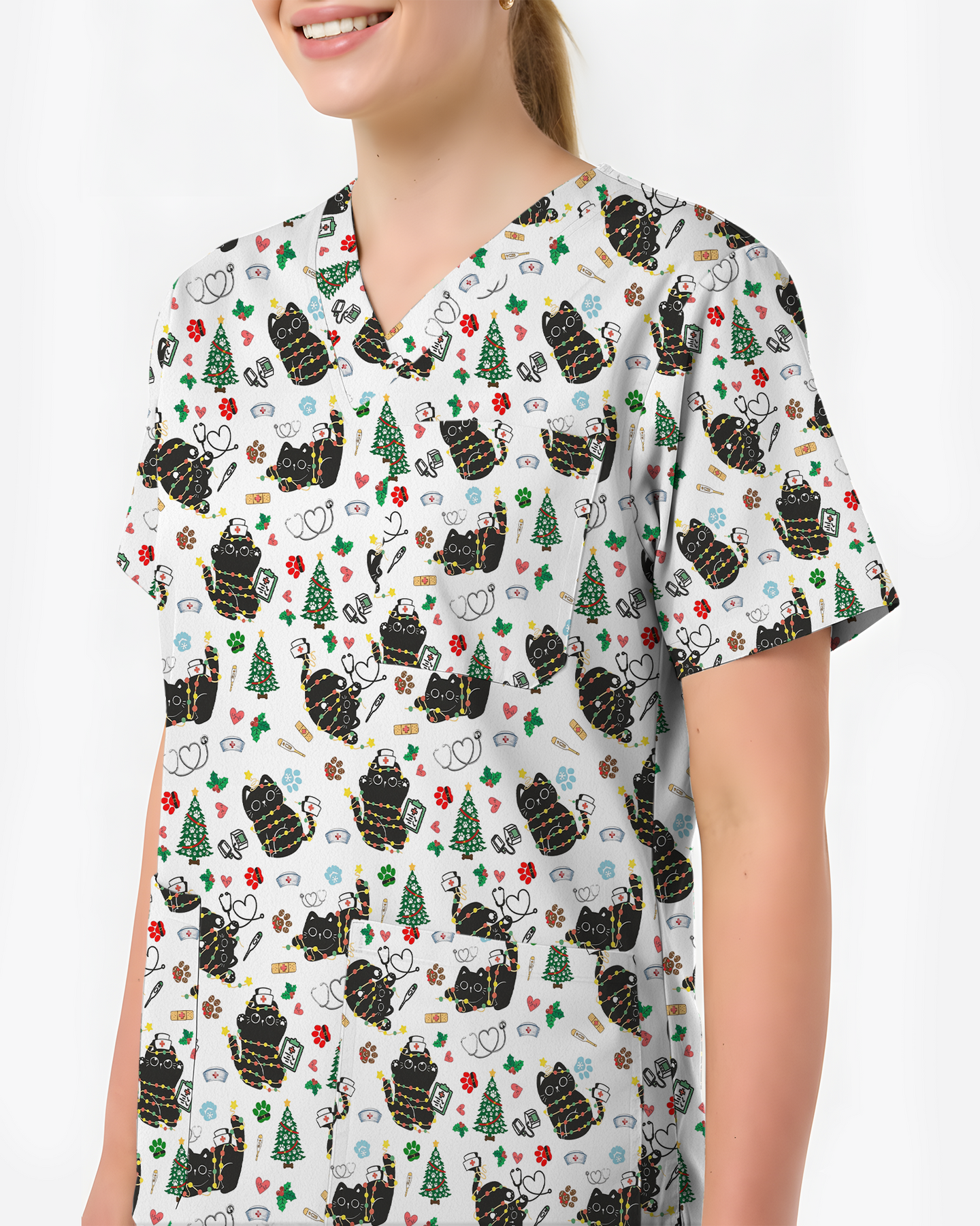 Cute Black Cat Christmas Medical Scrub Top