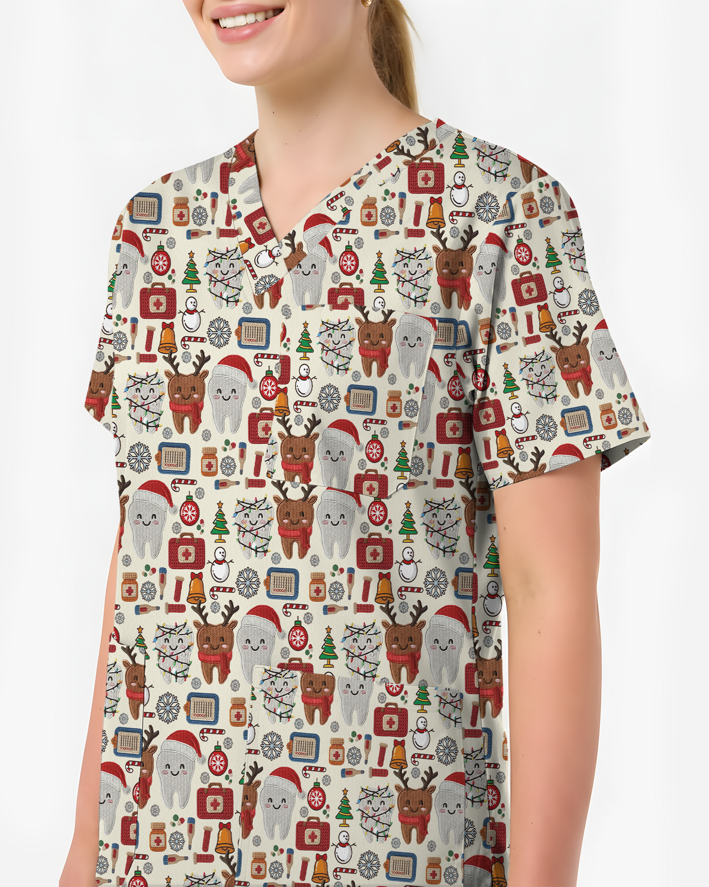 Cute Reindeer and Santa Teeth Holiday Dental Scrub Top