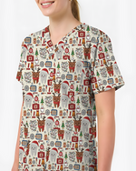 Cute Reindeer and Santa Teeth Holiday Dental Scrub Top