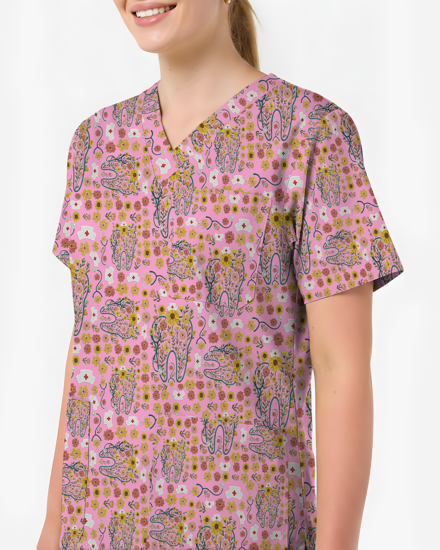 Floral Tooth Sunflower Dental Assistant Scrub Top