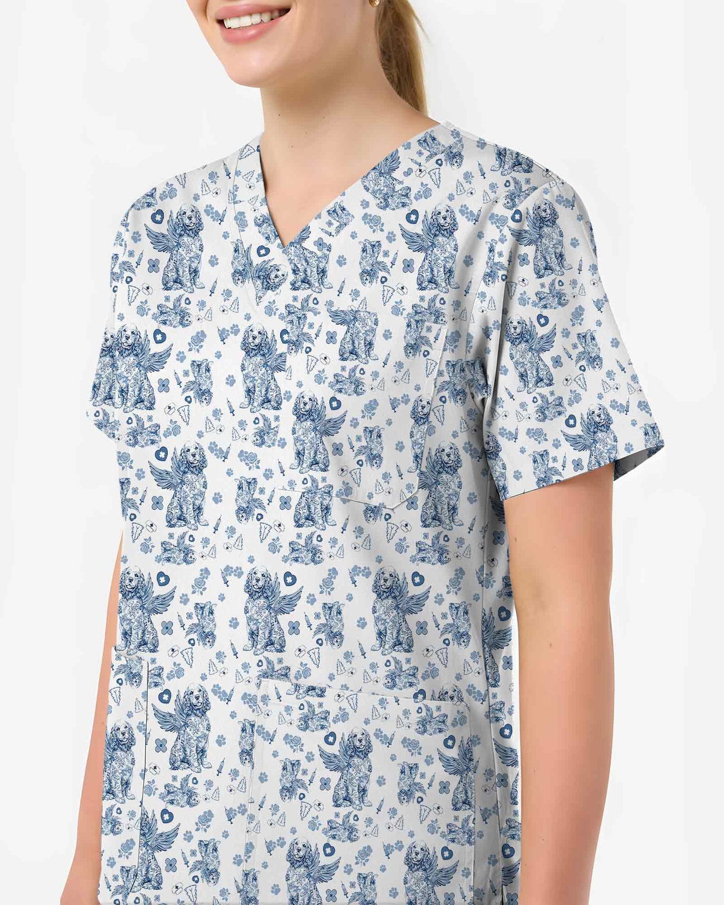 Blue Toile De Jouy Angel Dog Scrub Top