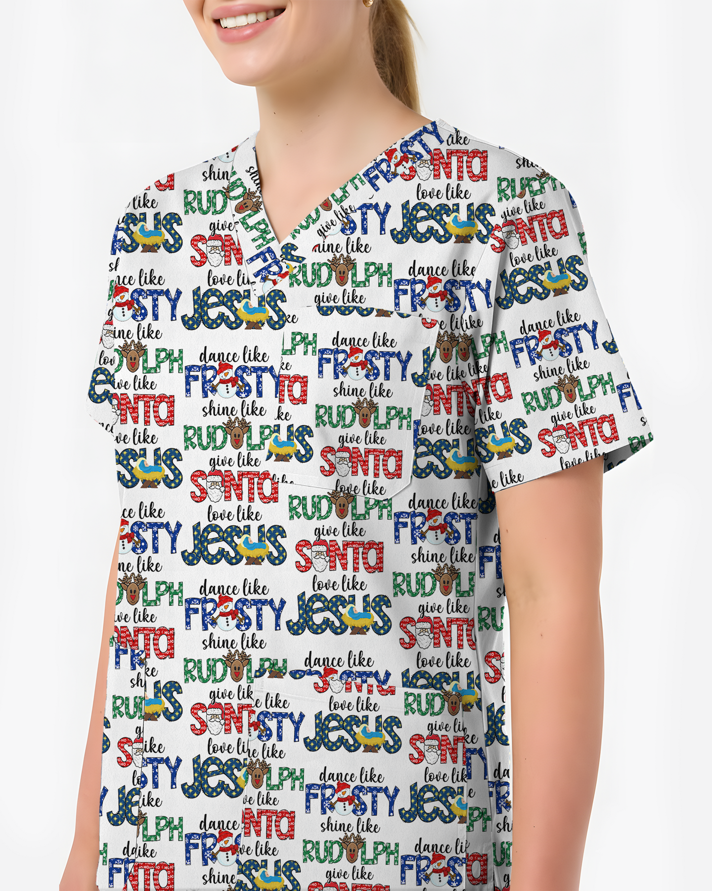 Festive Santa Rudolph Frosty Scrub Top