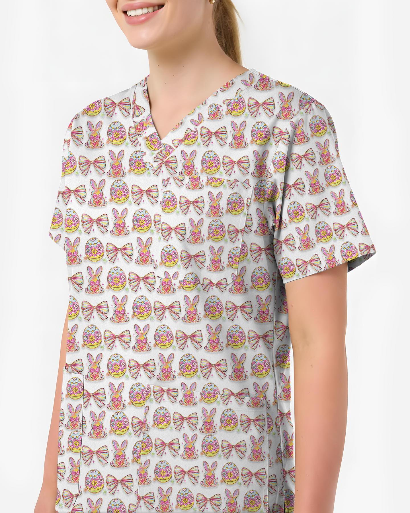 Pastel Easter Bunny & Bows Cute Nurse Scrub Top