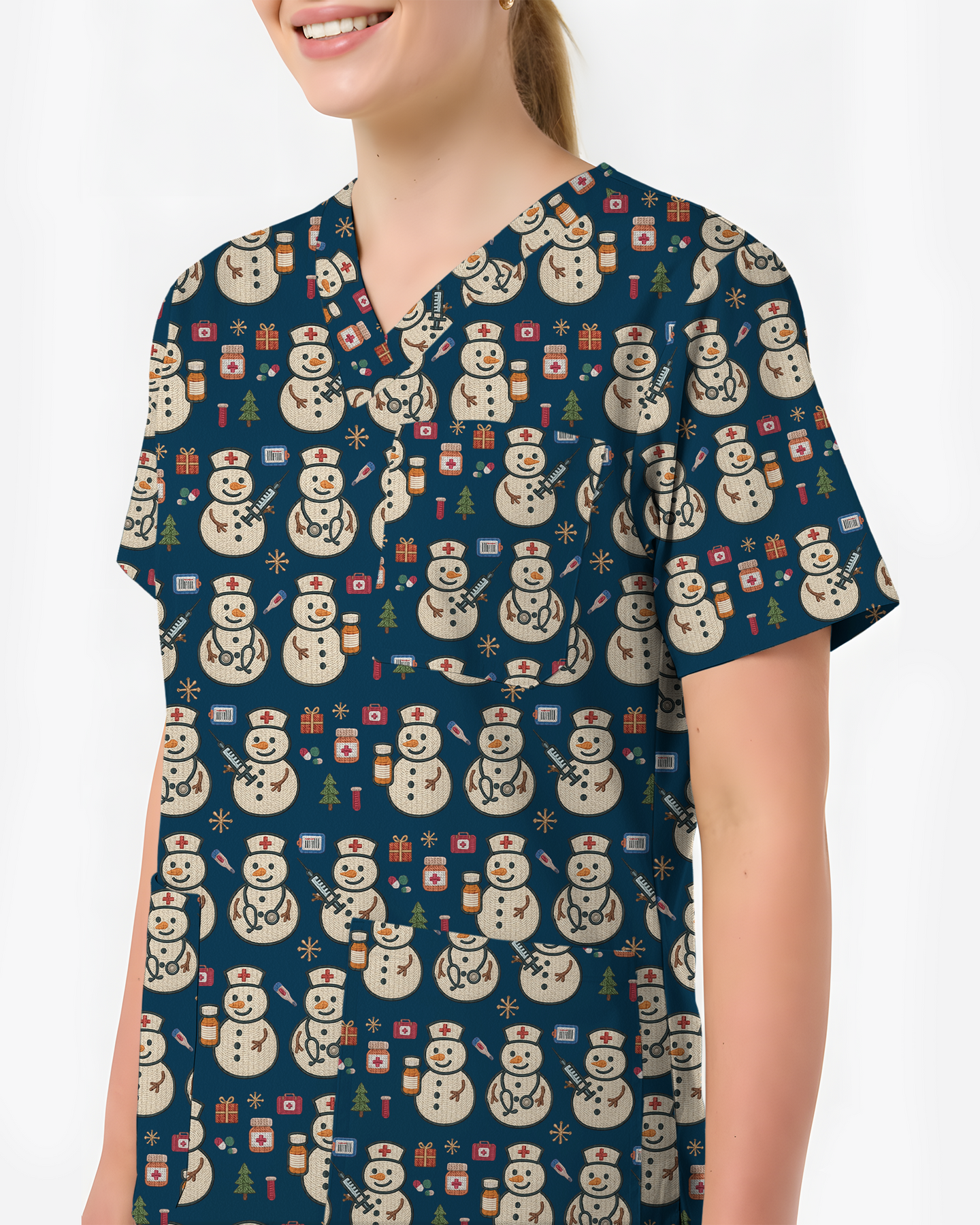 Cute Snowman Christmas Medical Nurse Scrub Top