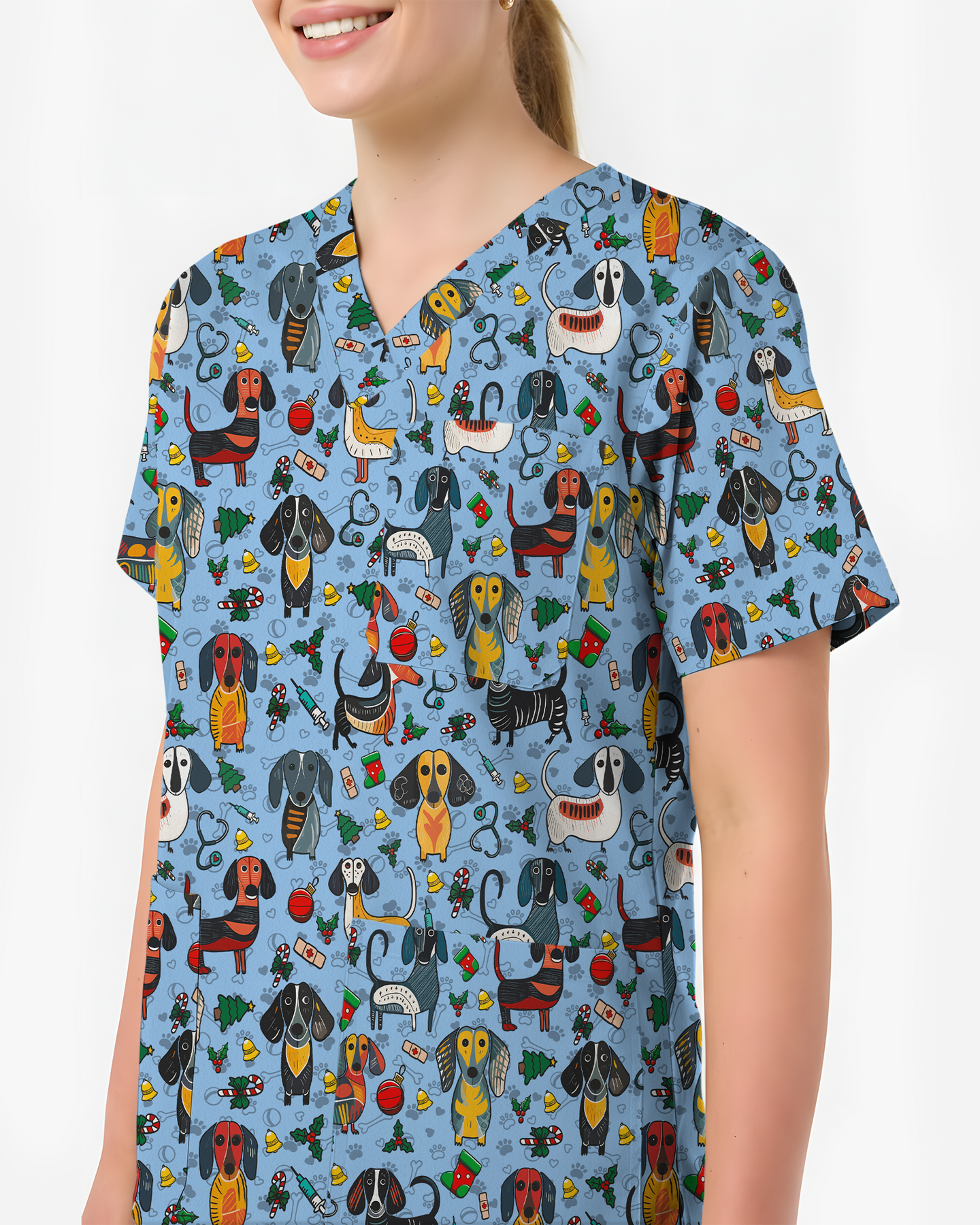 Dachshund Christmas Holiday Nursing Scrub Top