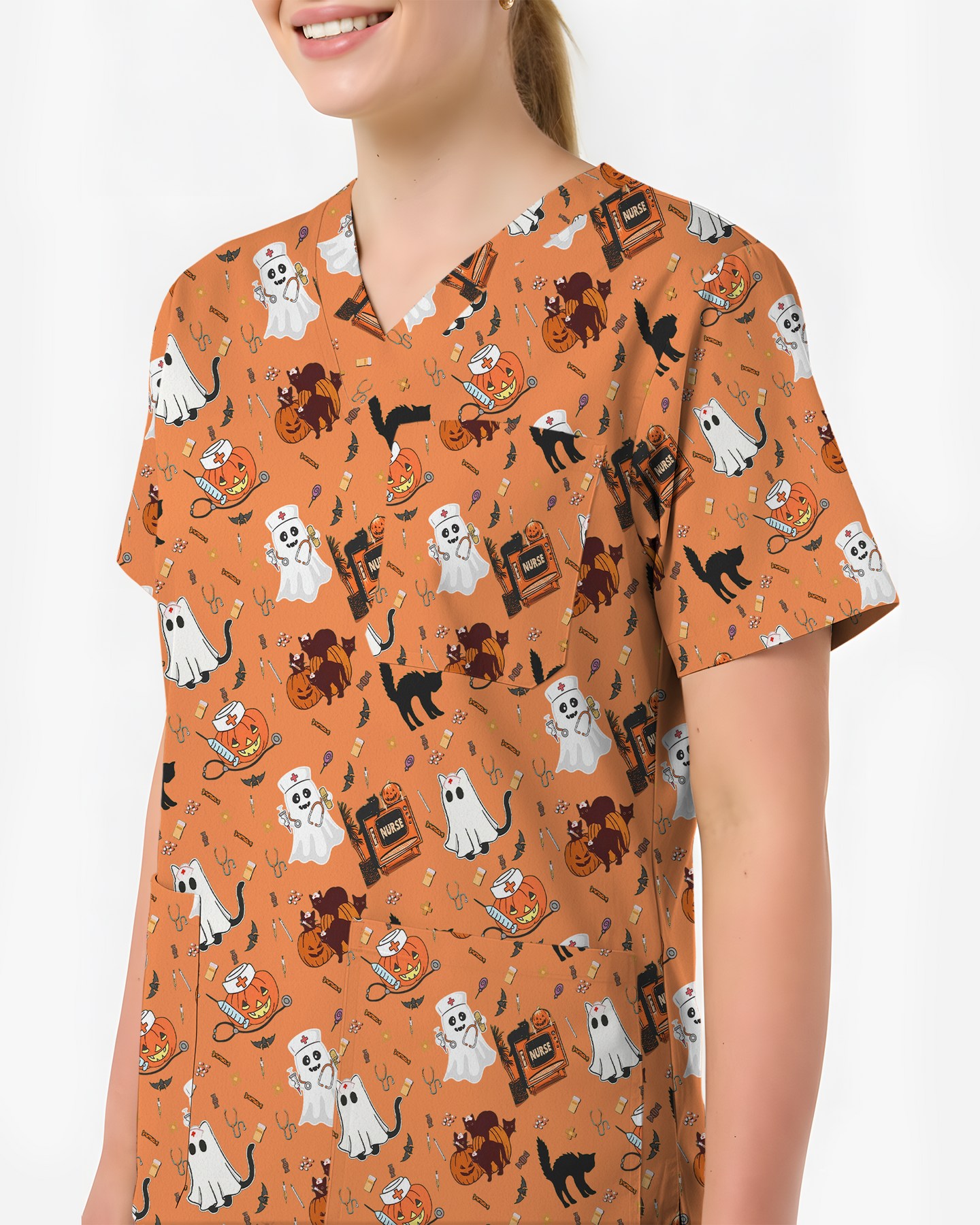Creepy Cute Ghost Pumpkin Healthcare Scrub Top